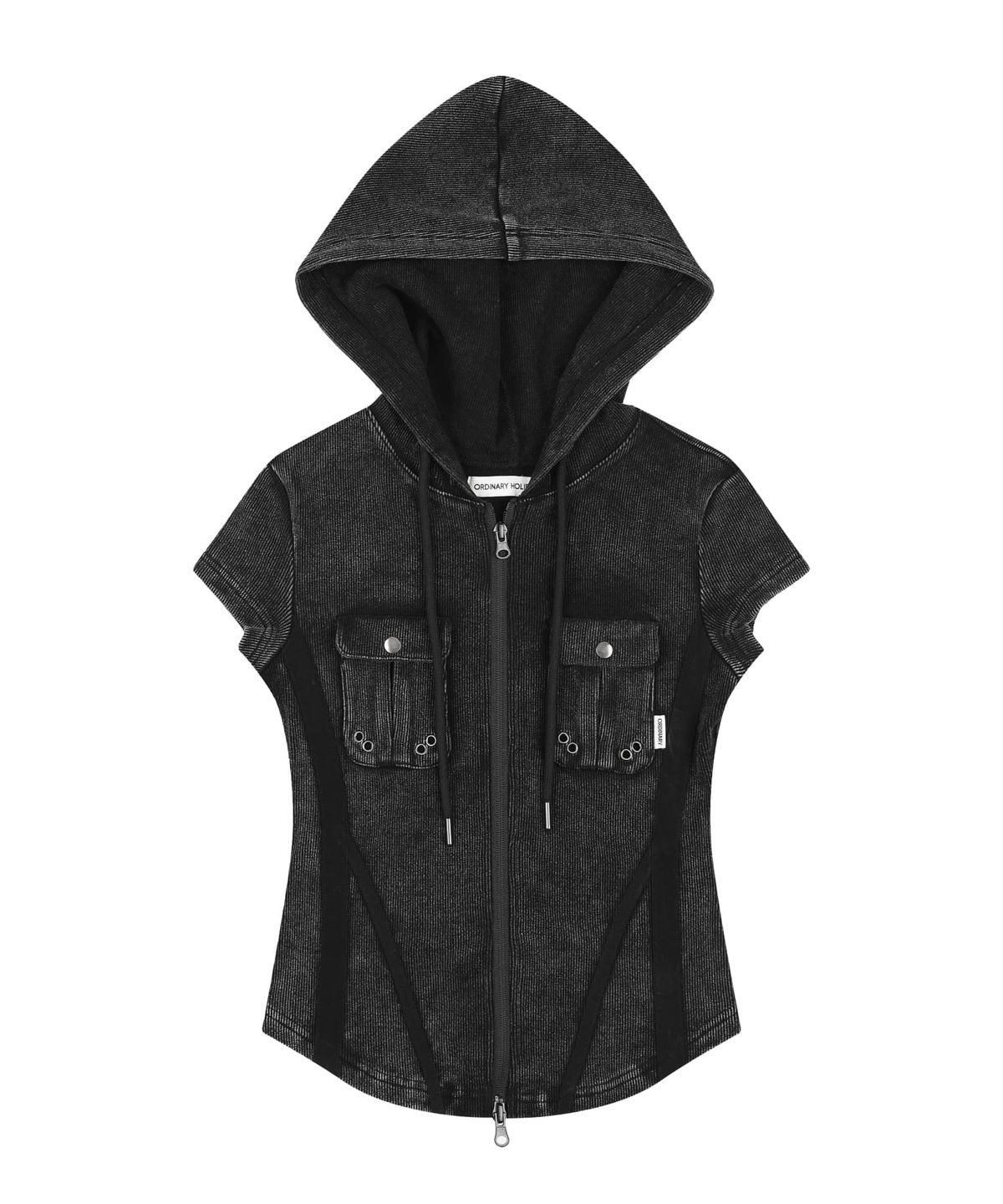 오디너리 홀리데이(ORDINARY HOLIDAY) HALF SLEEVE PIGMENT SLIM LINE ZIP-UP [BLACK]