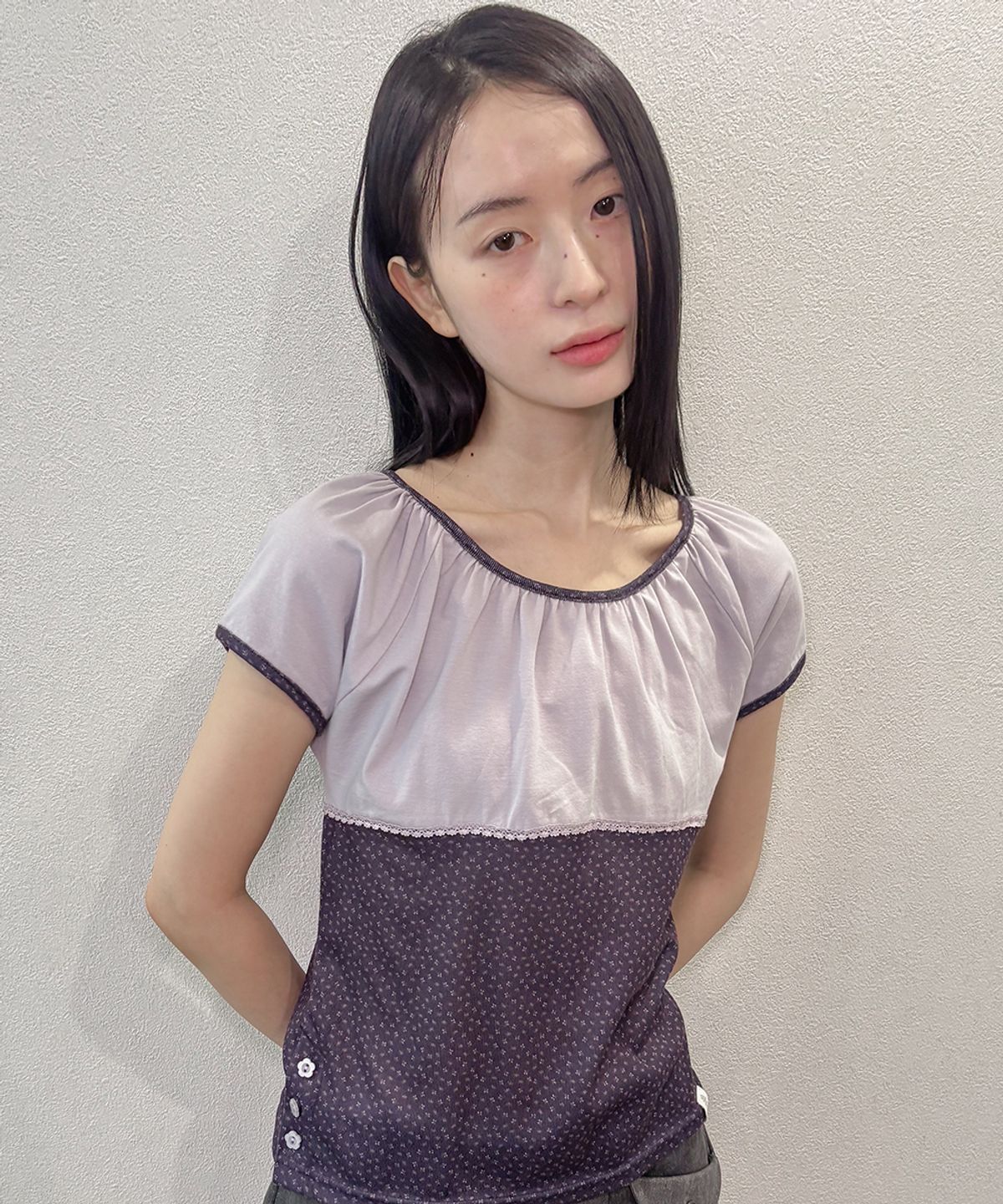 오피쉬(OAFISH) Floral Shirring Lace T-shirts, Purple