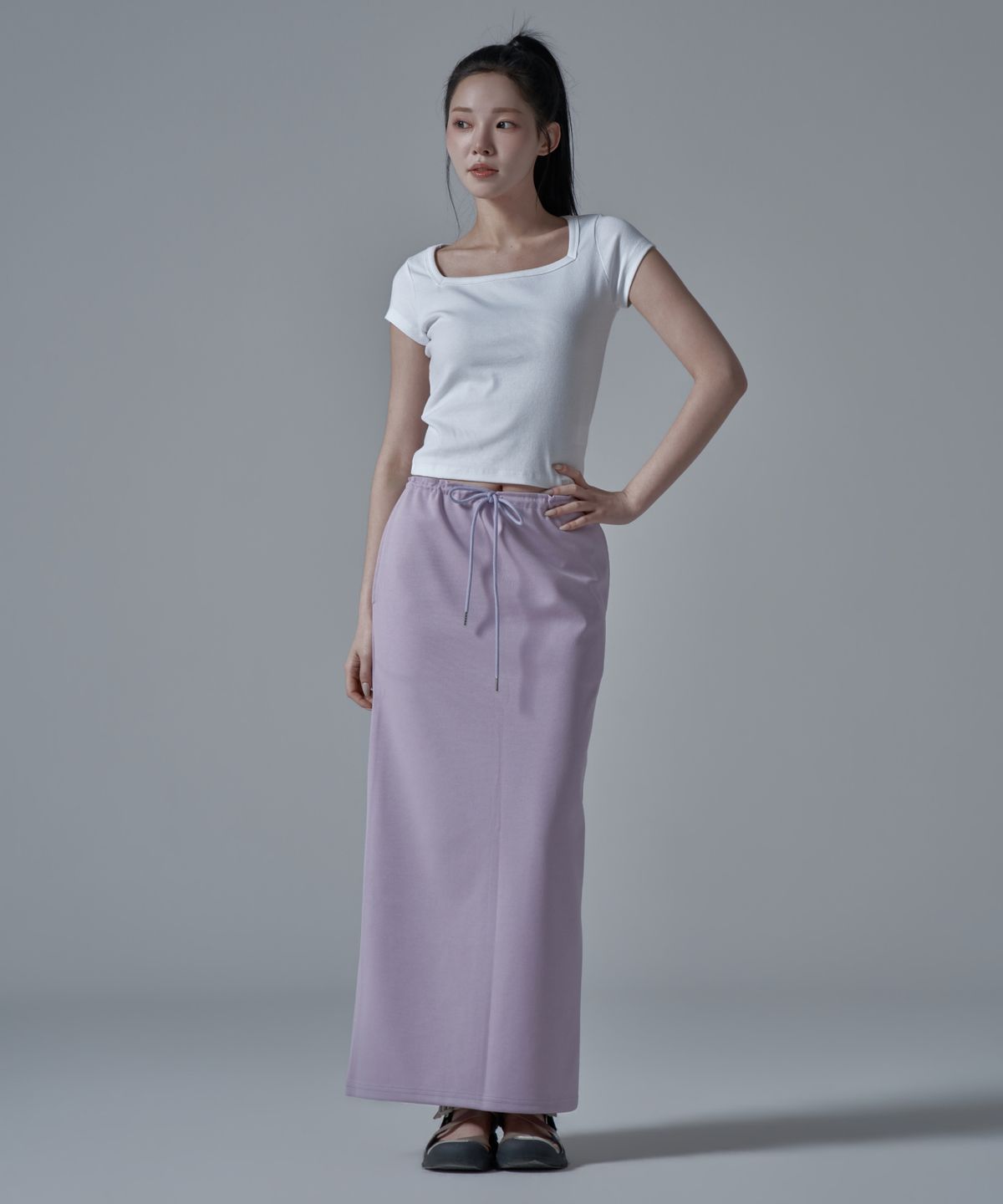 와르 포 우먼(WAARFORWOMAN) WSK-04 스트링 밴딩 롱 스커트_라벤더