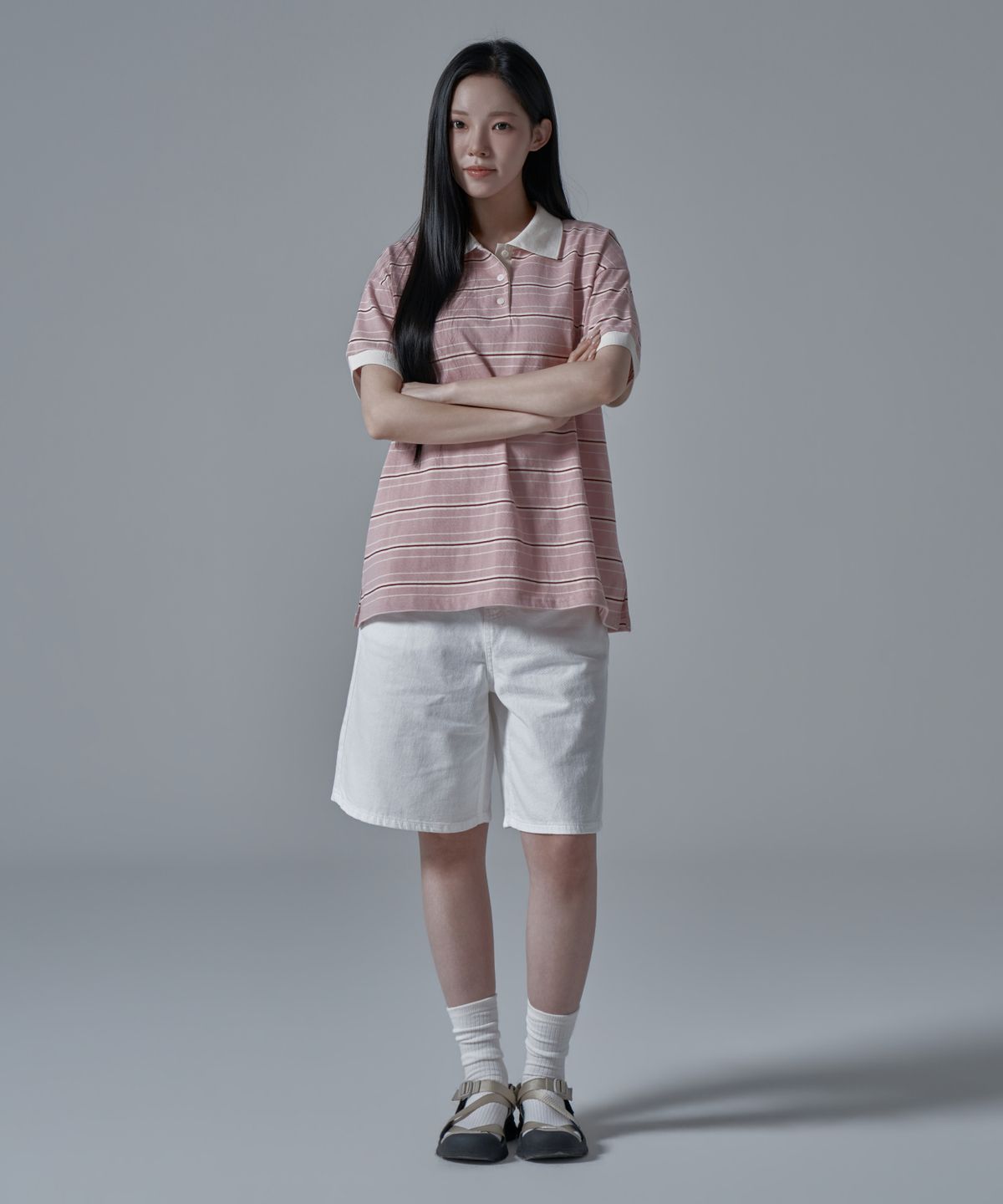 와르 포 우먼(WAARFORWOMAN) WT-61 럭비 하프 카라 반팔 티셔츠_핑크