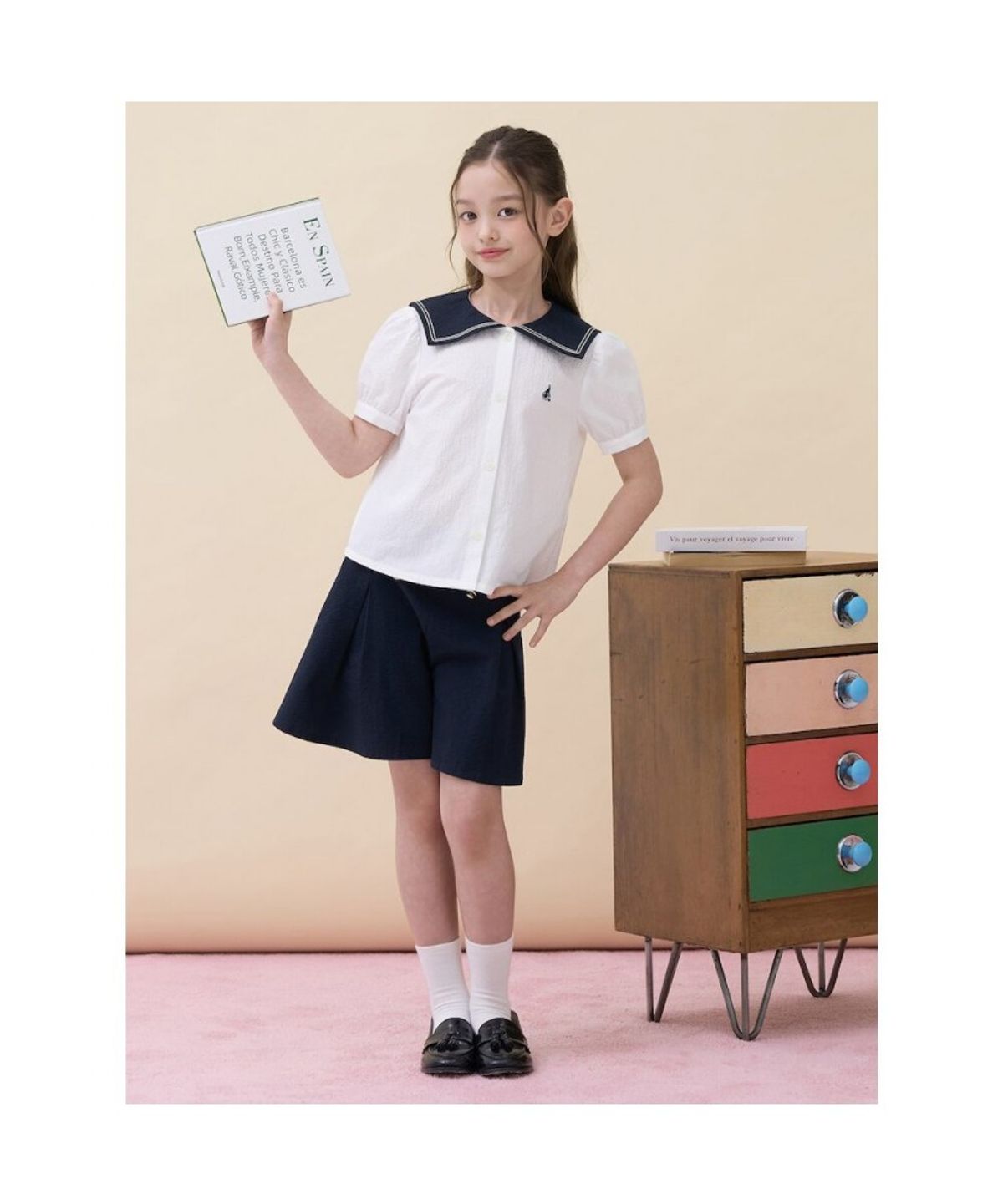빈폴 키즈(BEANPOLE KIDS) 여아 클래식 마린 시어서커 상하 세트  화이트 (BI6465G021)