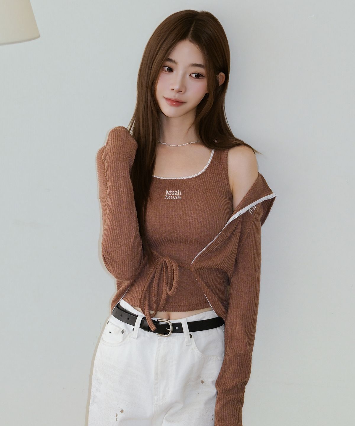 무아무아(MUAHMUAH) [SET] 레이스 배색 가디건 슬리브리스 [4color]