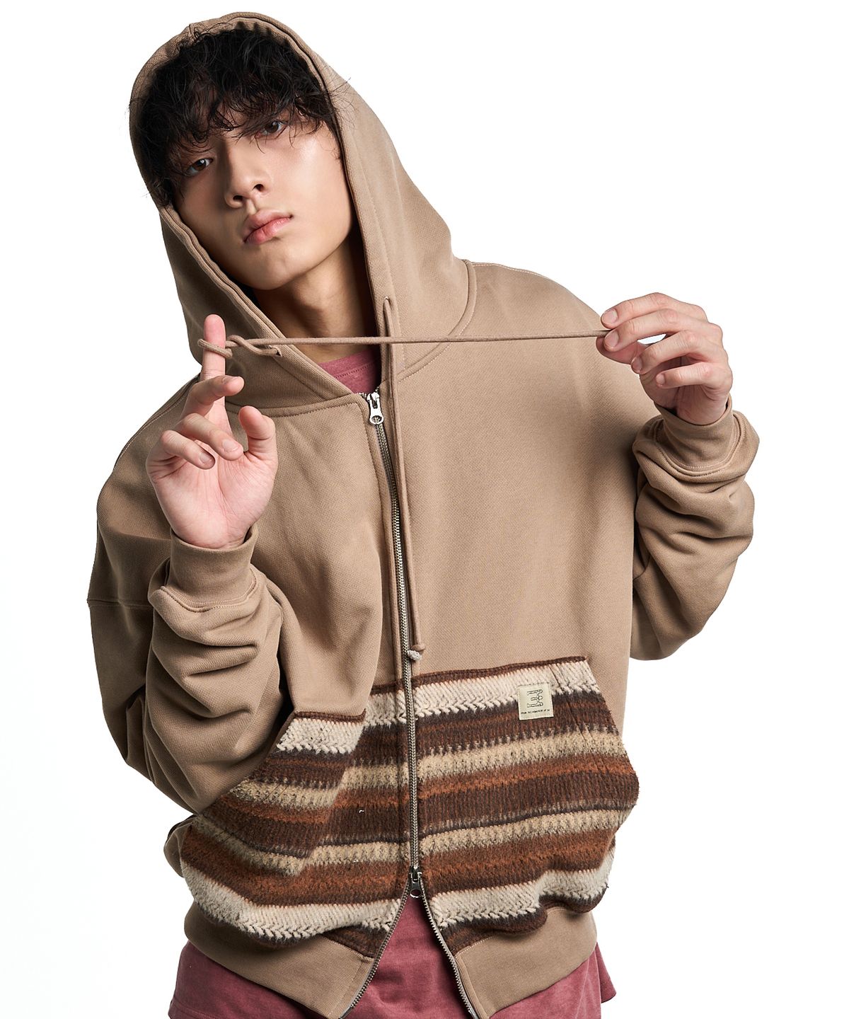 쓰리아이(3IE) MISMATCH ZIP UP HOODIE_BEIGE