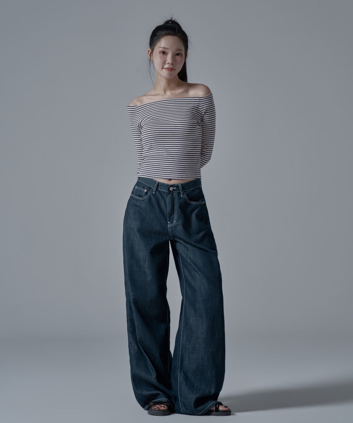 와르 포 우먼(WAARFORWOMAN) WT-74 골지 오프숄더 티셔츠_블루