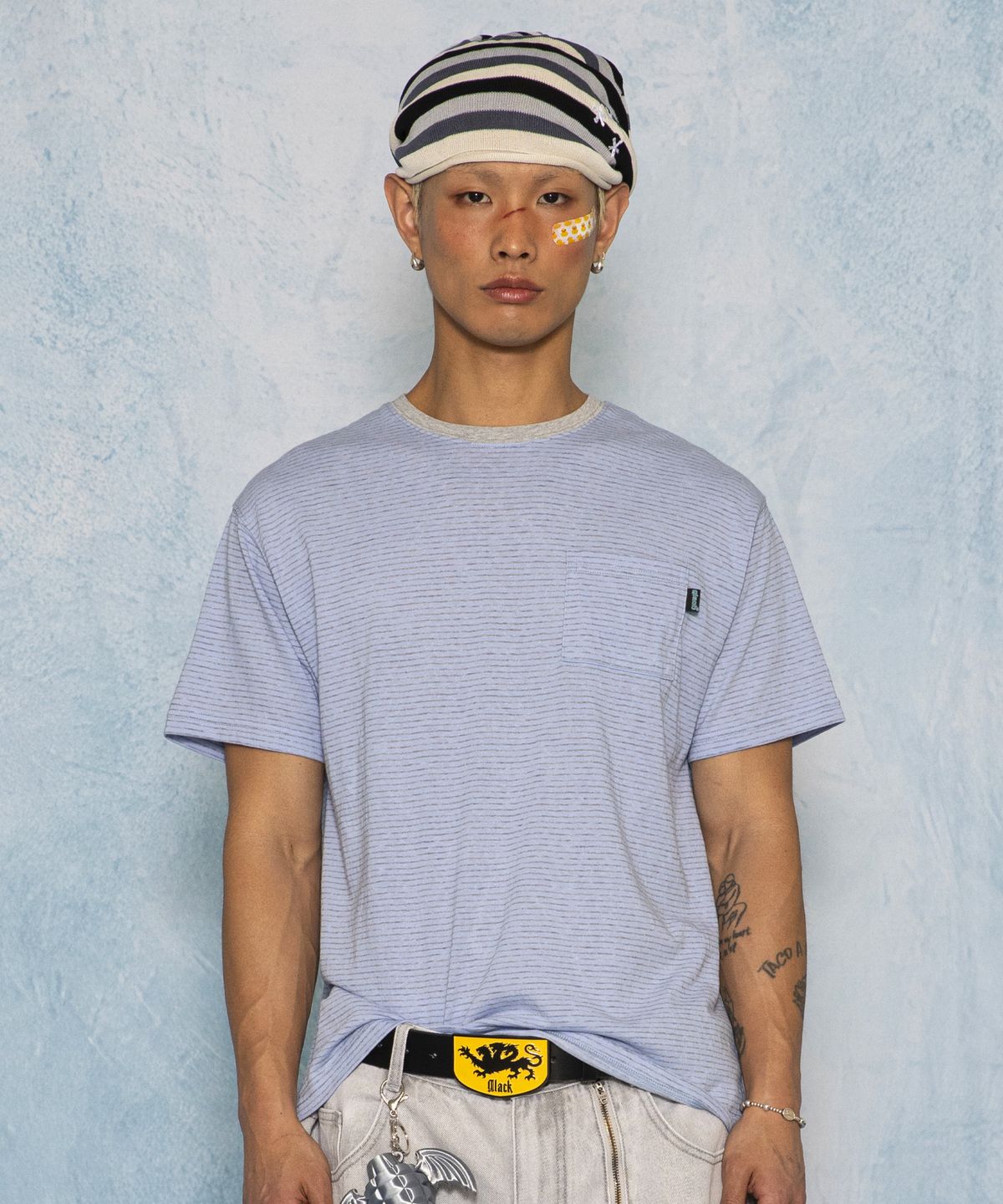 글랙(GLACK) GT168 페이디드 빈티지 스트라이프 티셔츠 (SKY BLUE)