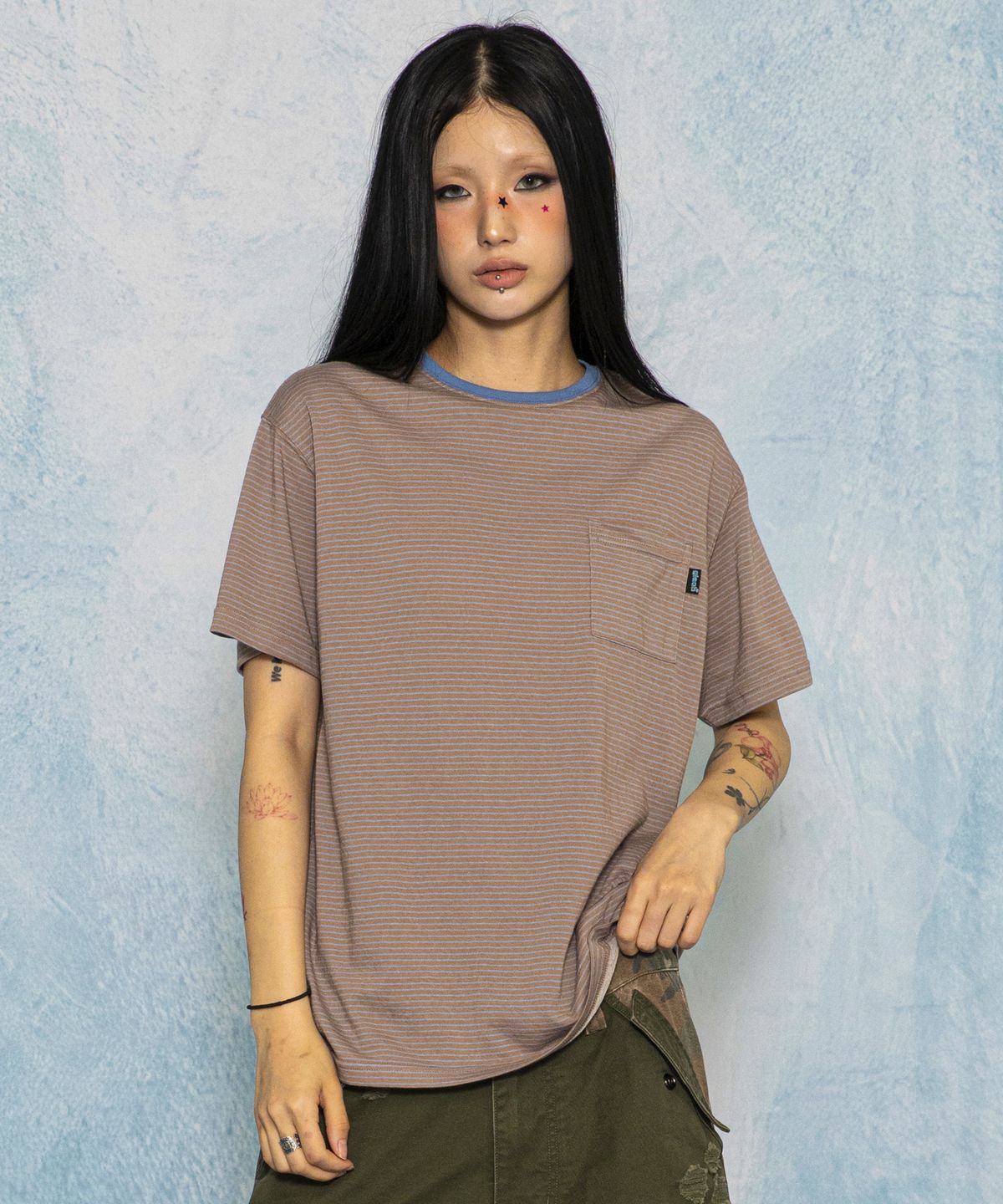 글랙(GLACK) GT168 페이디드 빈티지 스트라이프 티셔츠 (BROWN)