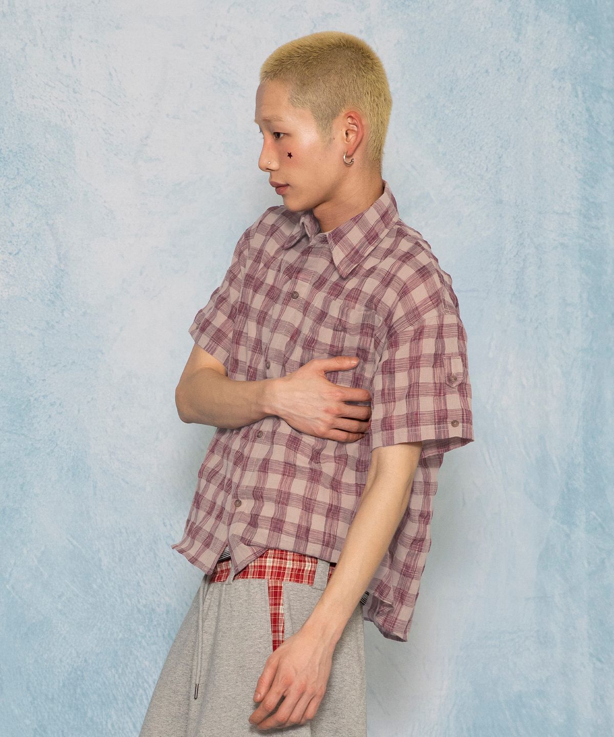 글랙(GLACK) GS018 타탄체크 시어서커 크롭 하프 셔츠 (RED)