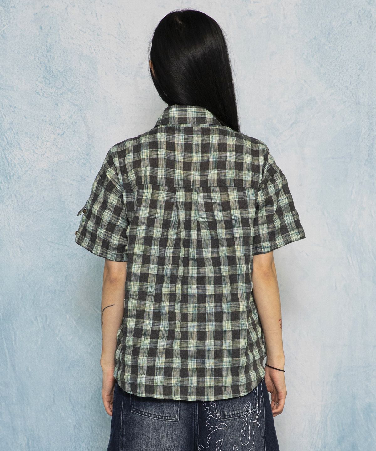 글랙(GLACK) GS018 타탄체크 시어서커 크롭 하프 셔츠 (BLUE GREEN)
