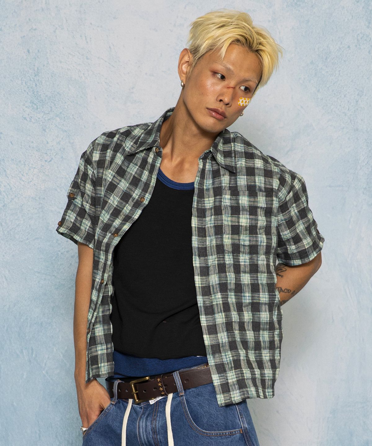글랙(GLACK) GS018 타탄체크 시어서커 크롭 하프 셔츠 (BLUE GREEN)