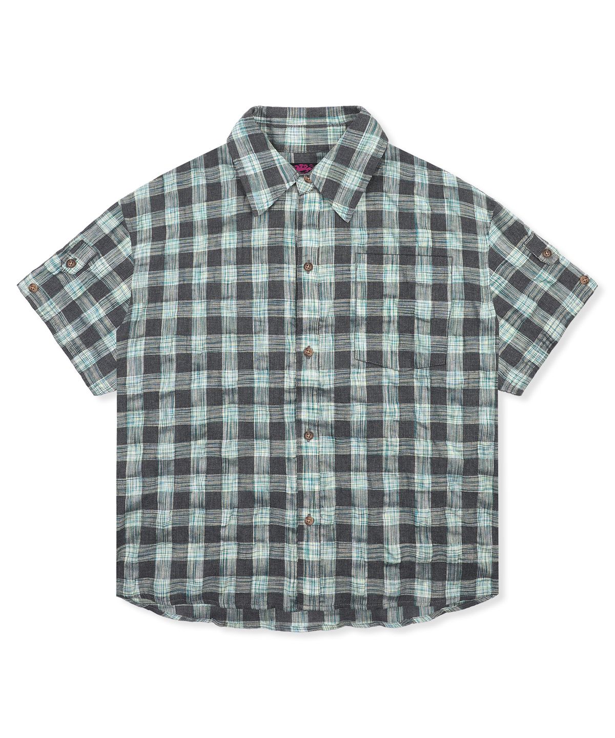 글랙(GLACK) GS018 타탄체크 시어서커 크롭 하프 셔츠 (BLUE GREEN)