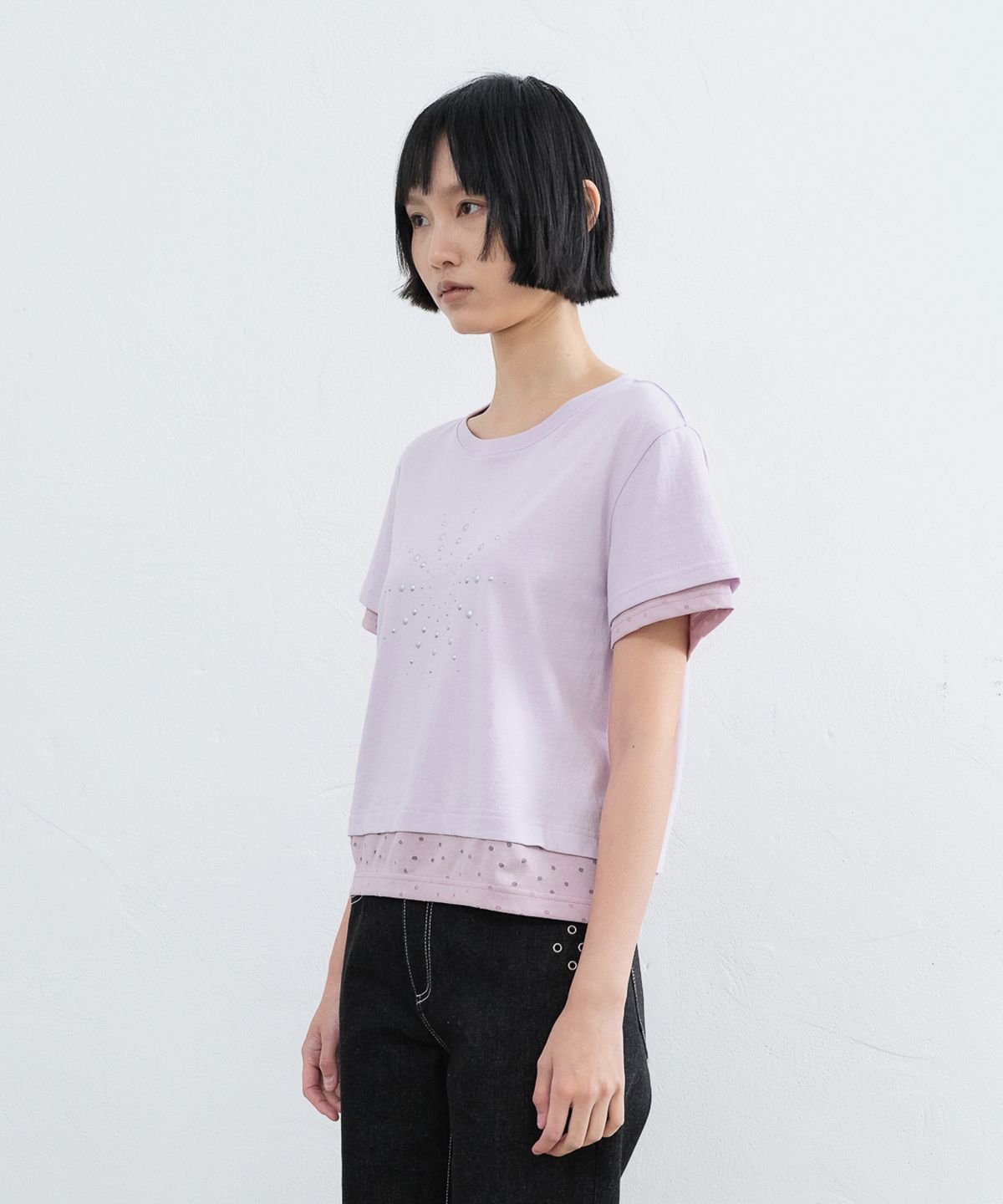 실롯(SEALOT) 레이어드 도트 스터드 하프 슬리브 탑 (라벤더)