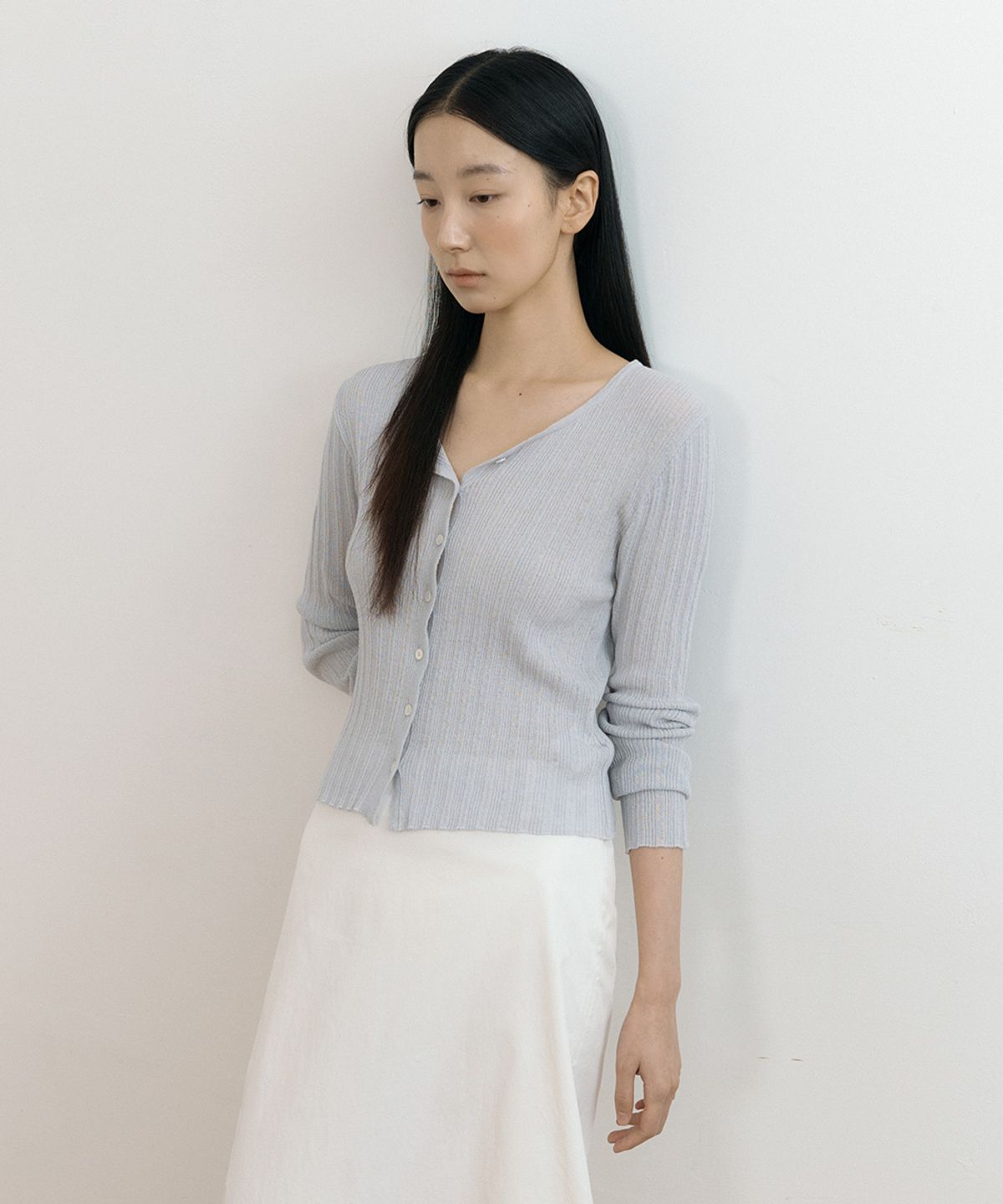 링서울(LINGSEOUL) linen blended ribbed knit cardigan-light gray