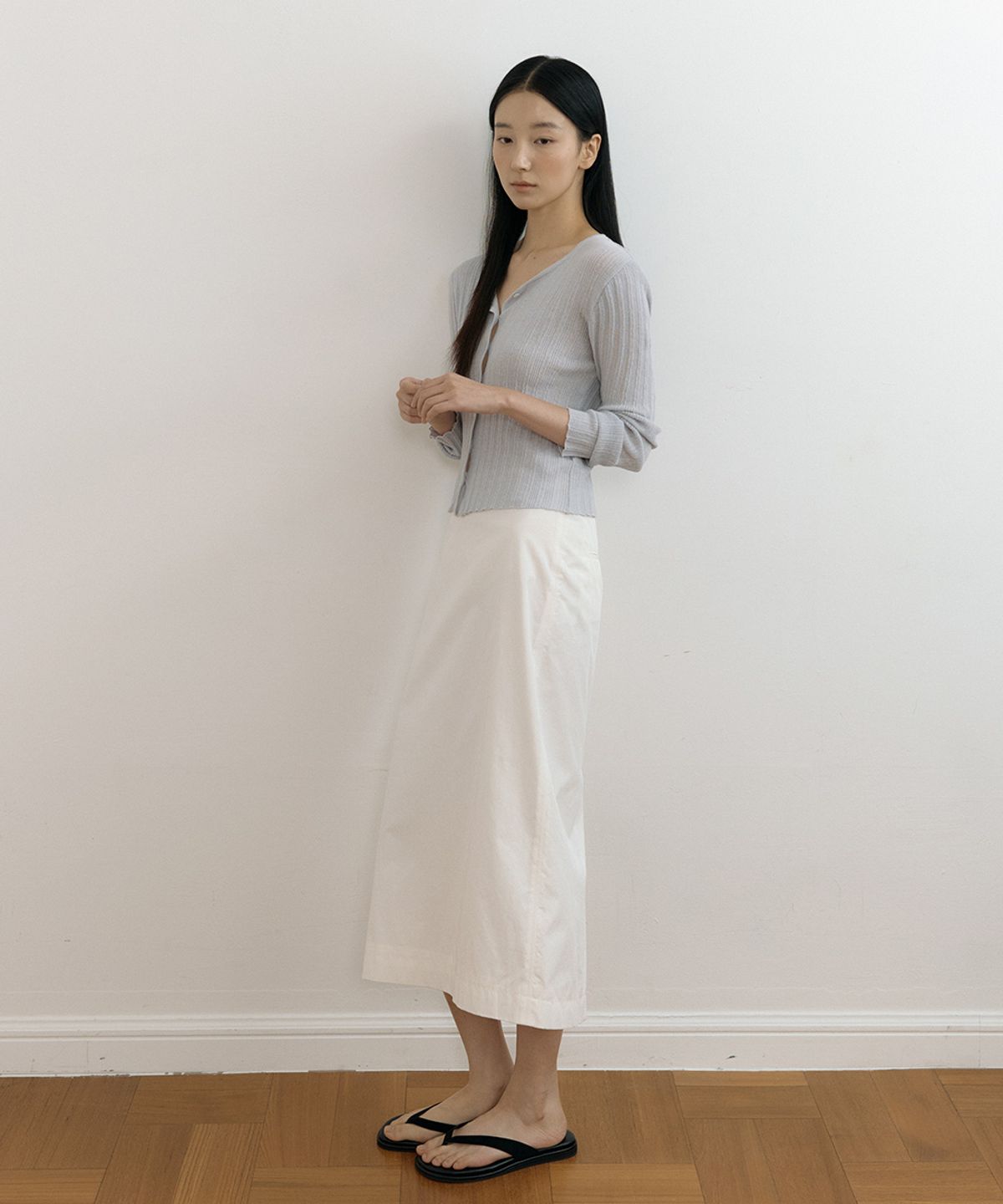 링서울(LINGSEOUL) linen blended ribbed knit cardigan-light gray