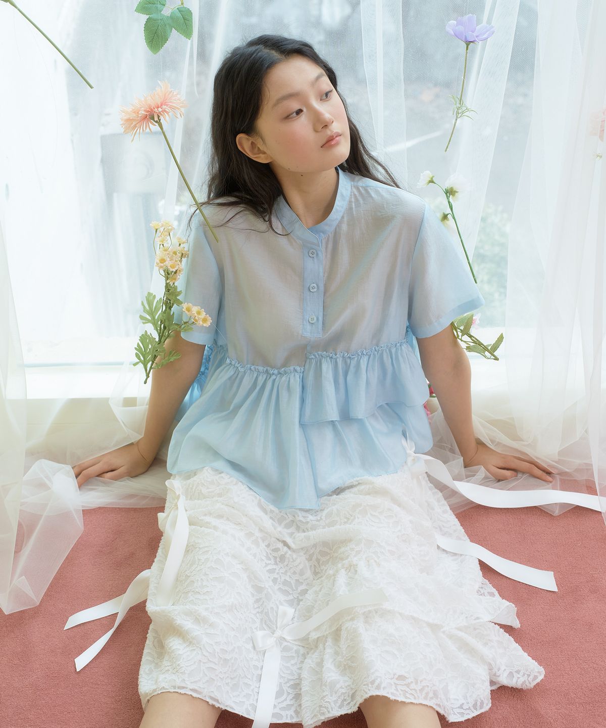 센뉴(SENUE) Unbalanced Shirring Shirt (SKYBLUE)