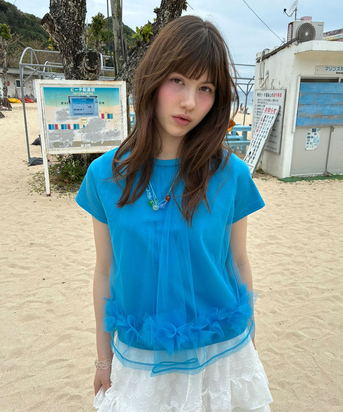 타입서비스(TYPESERVICE) Mesh Layered Shirring Ruffle Top [Blue]