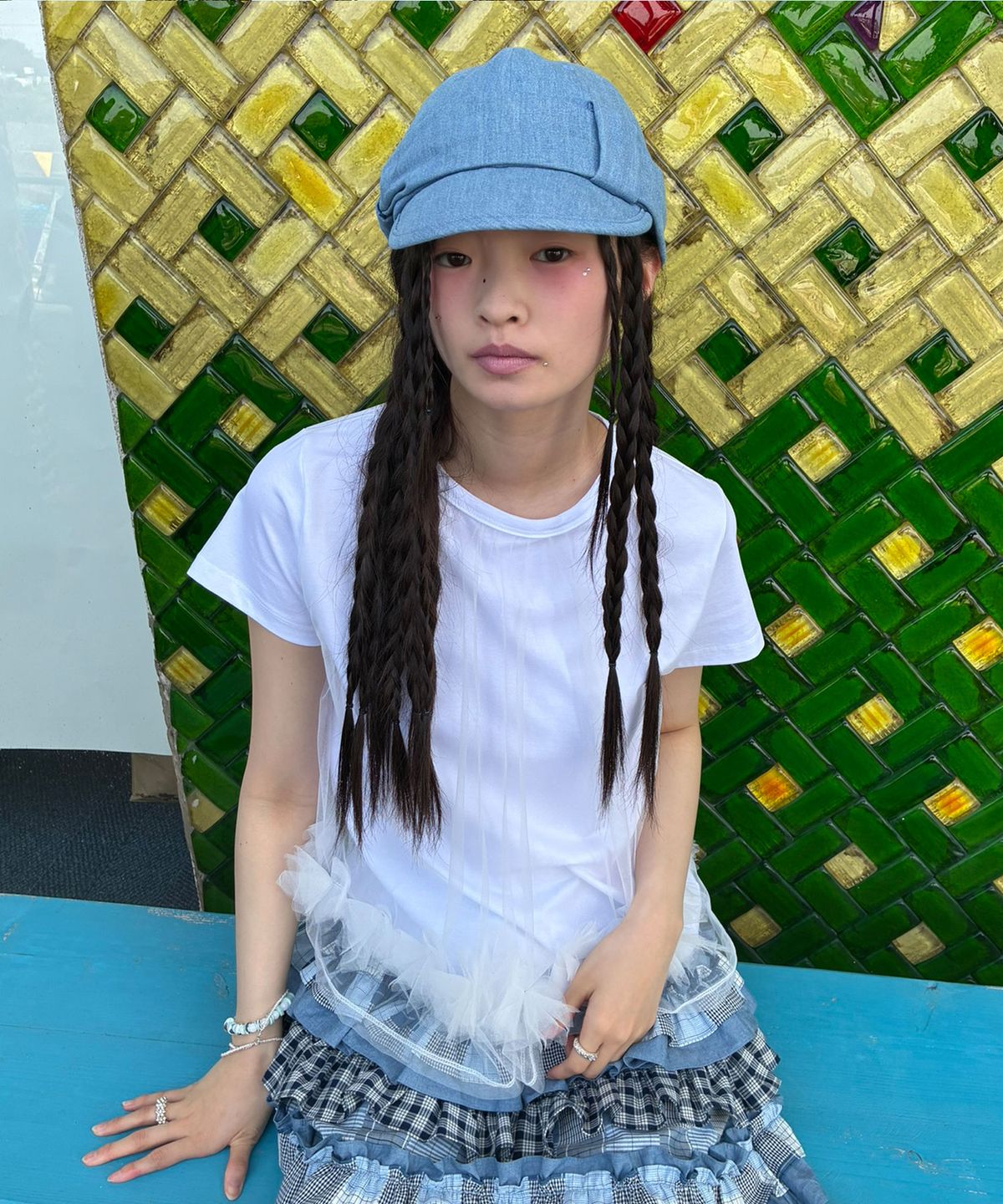 타입서비스(TYPESERVICE) Mesh Layered Shirring Ruffle Top [White]