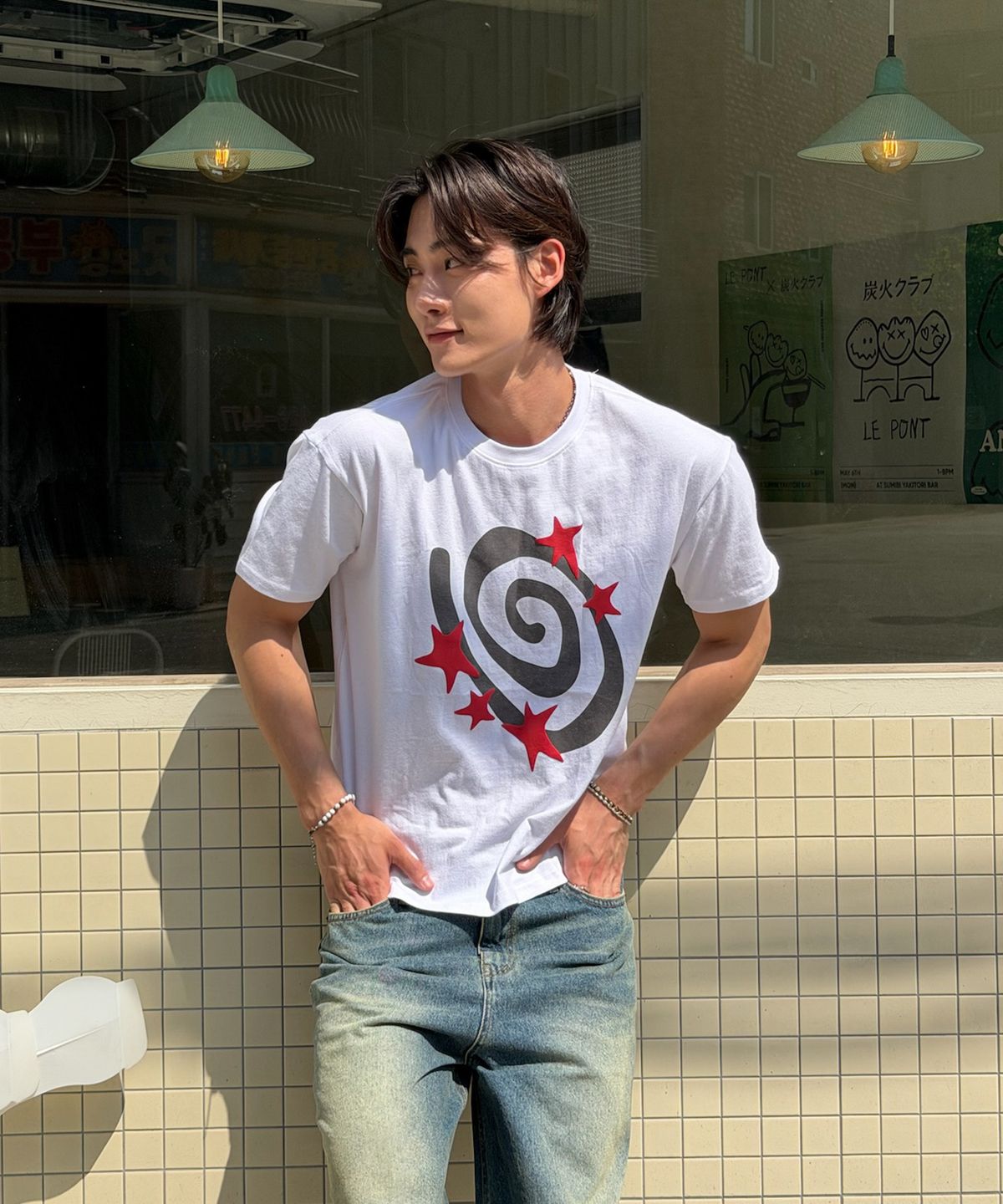 아모우(AMOU) Molly Star half  T-shirts WHITE