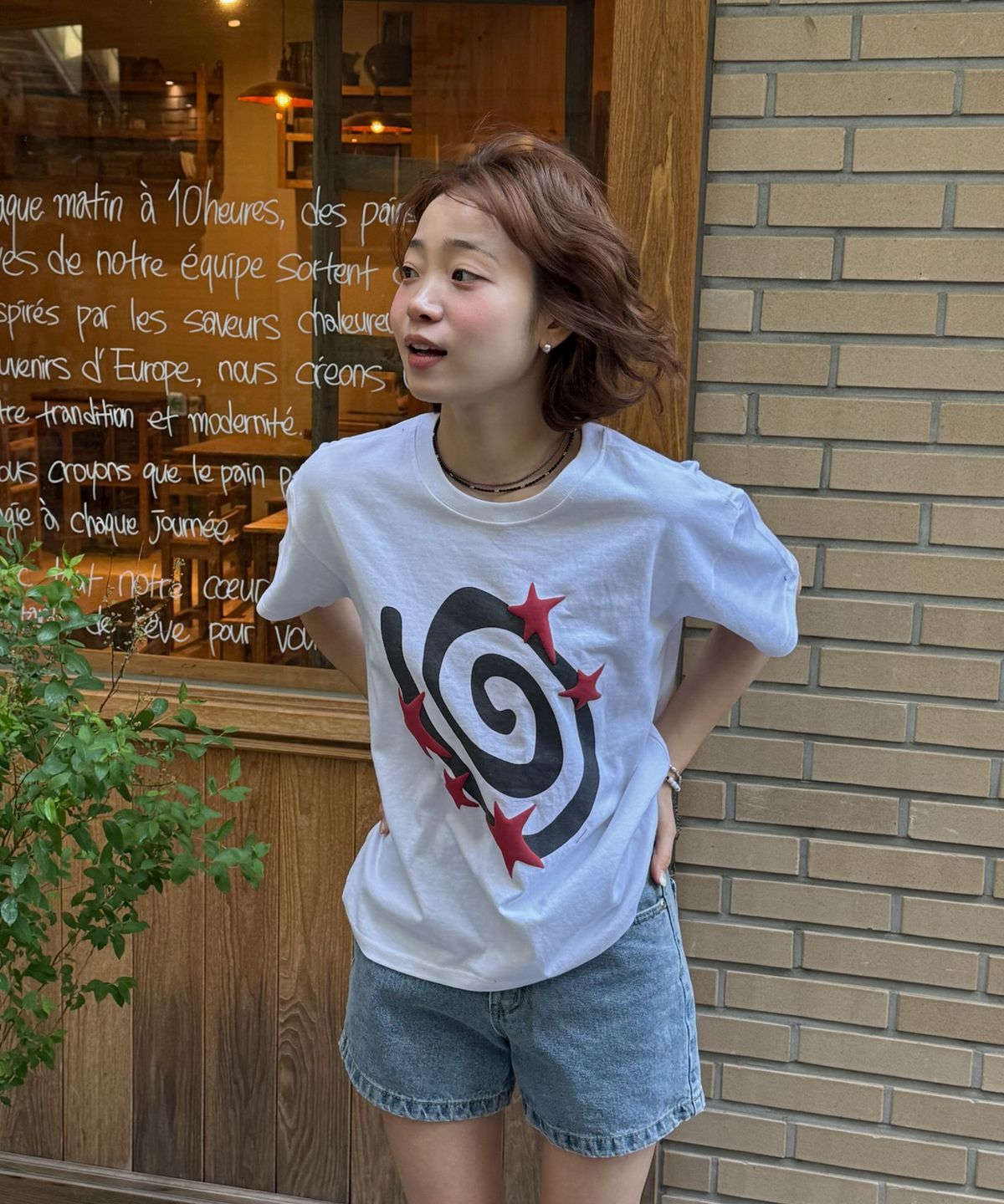아모우(AMOU) Molly Star half  T-shirts WHITE