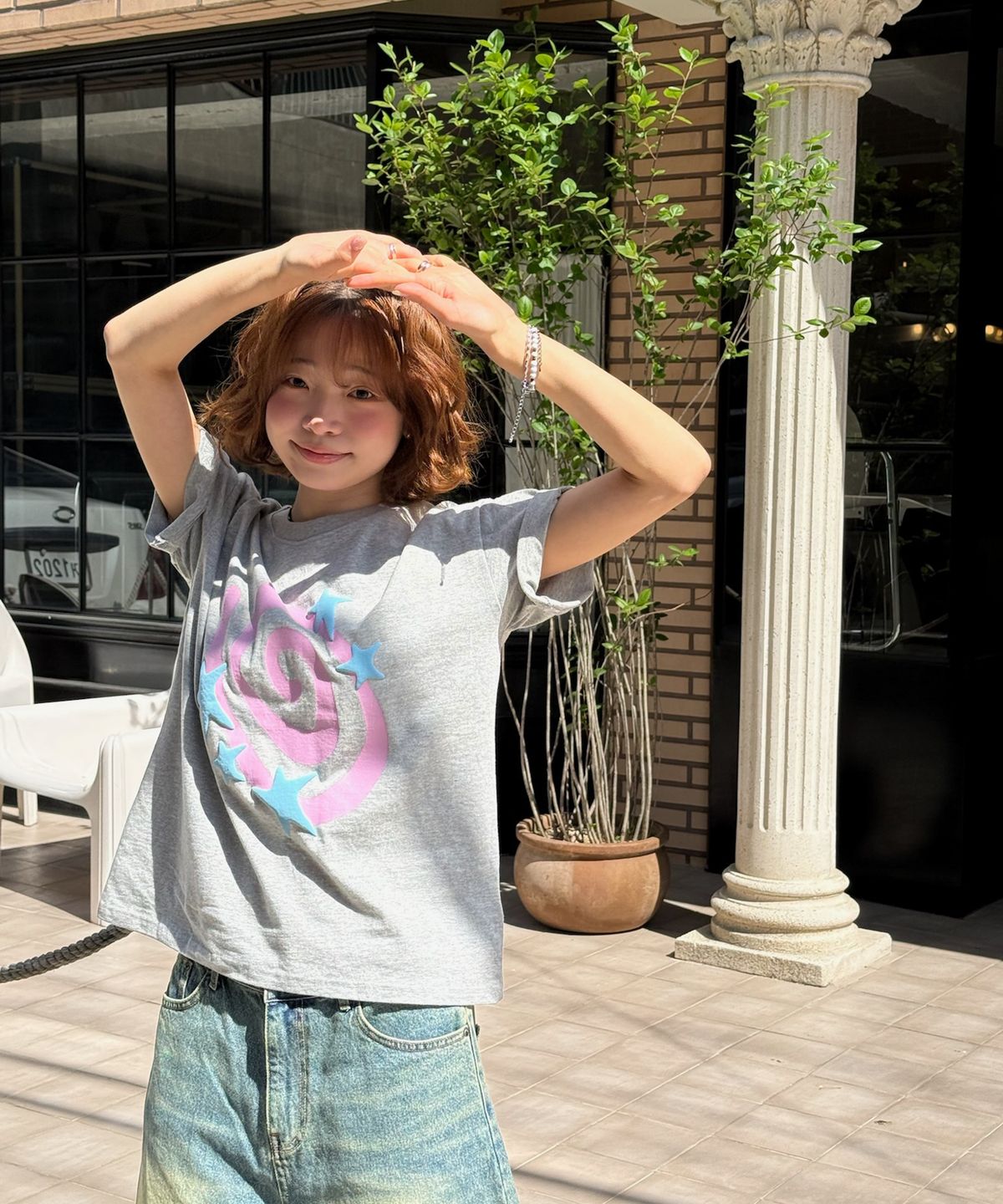 아모우(AMOU) Molly Star half  T-shirts GREY