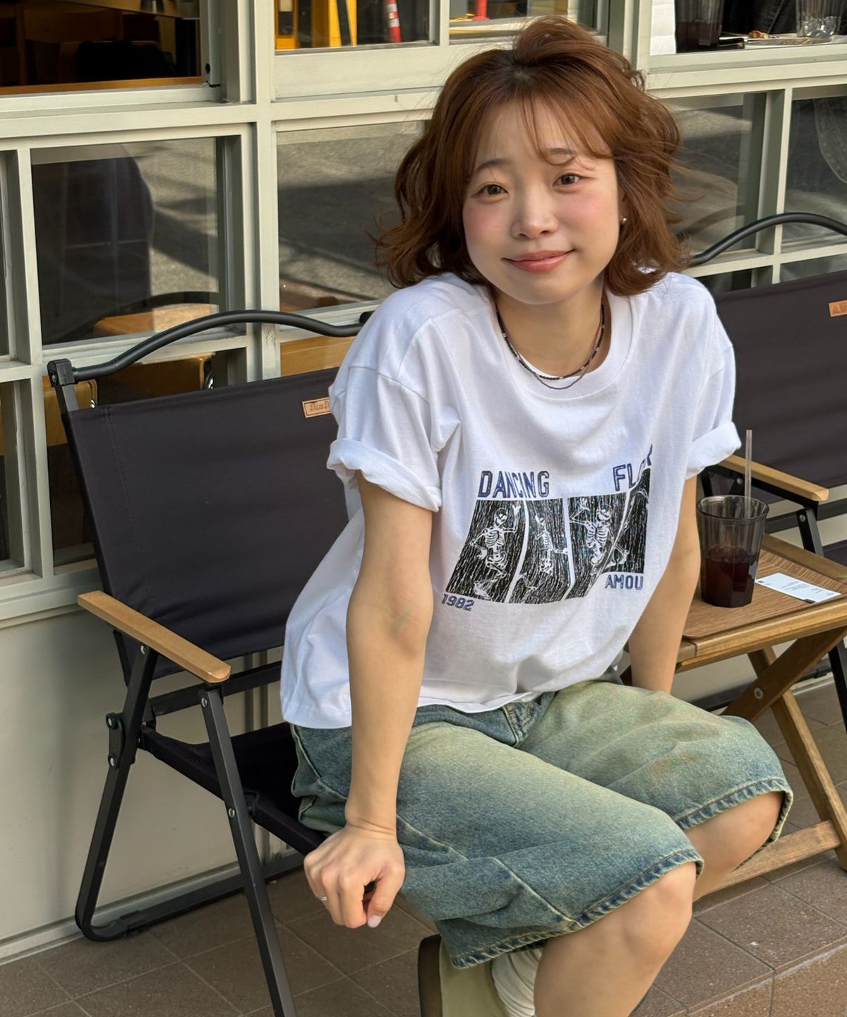 아모우(AMOU) Dancing Skull half  T-shirts WHITE