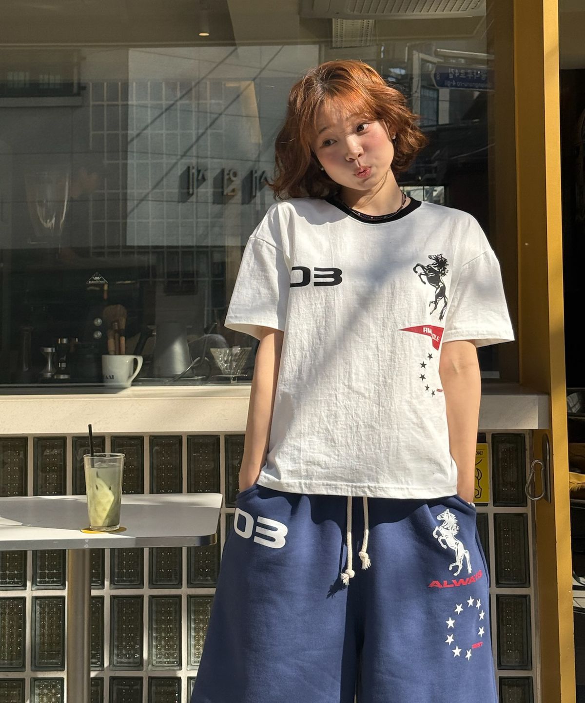 아모우(AMOU) Sporty Horse  Half T-shirts WHITE