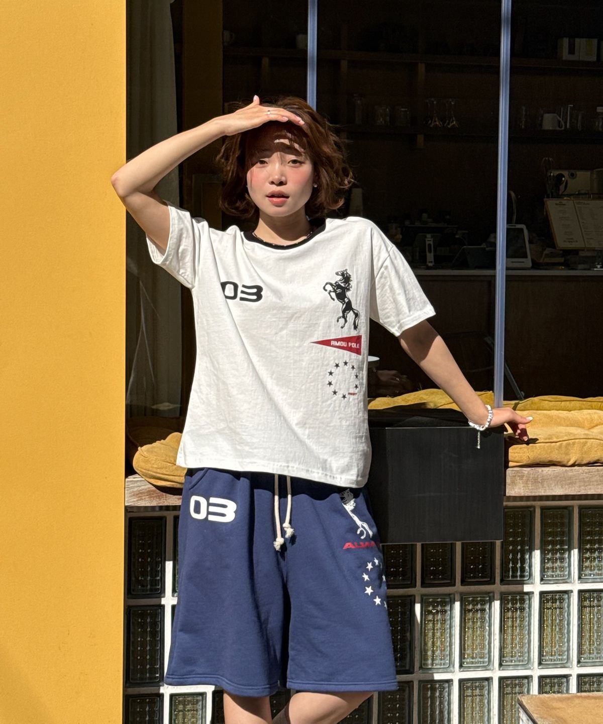 아모우(AMOU) Sporty Horse  Half T-shirts WHITE