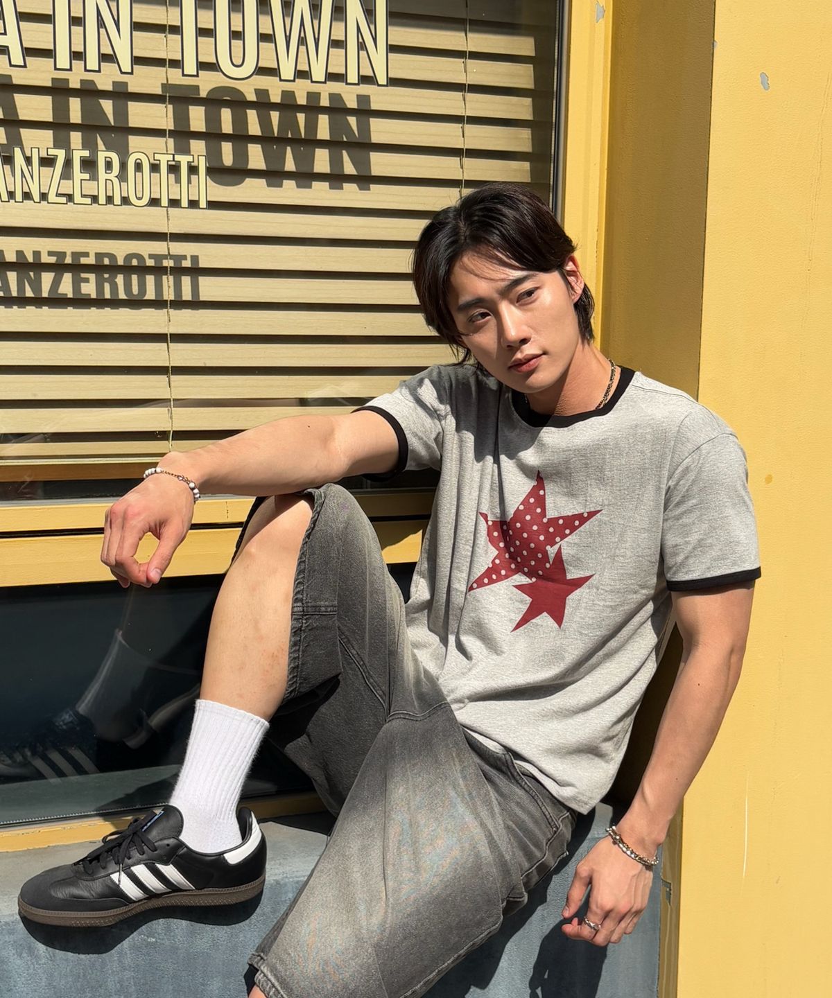 아모우(AMOU) Two Star Ringer T-shirts GRAY