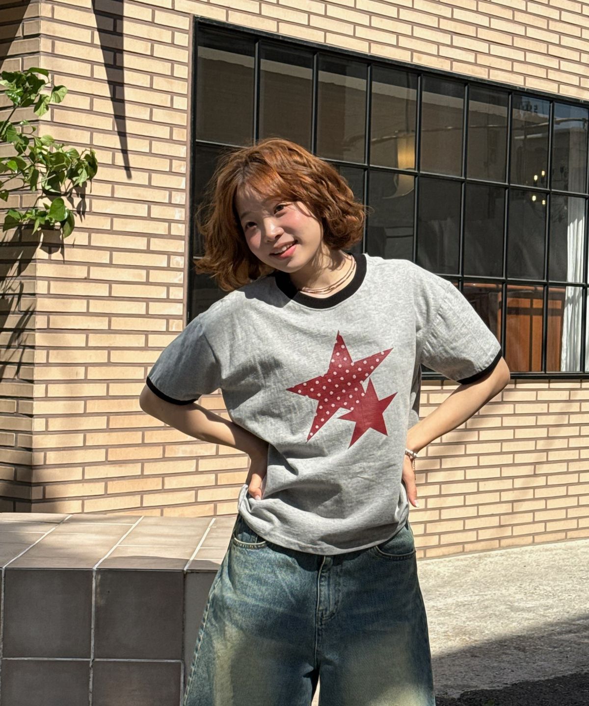 아모우(AMOU) Two Star Ringer T-shirts GRAY