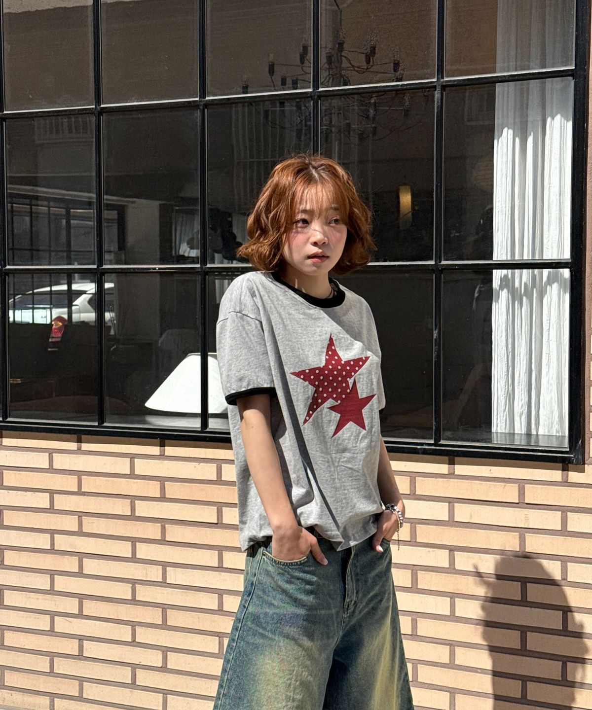 아모우(AMOU) Two Star Ringer T-shirts GRAY