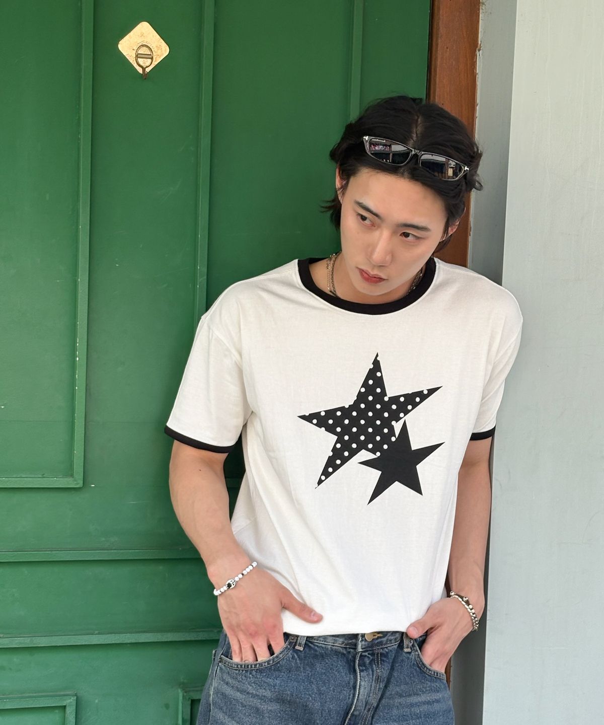 아모우(AMOU) Two Star Ringer T-shirts WHITE