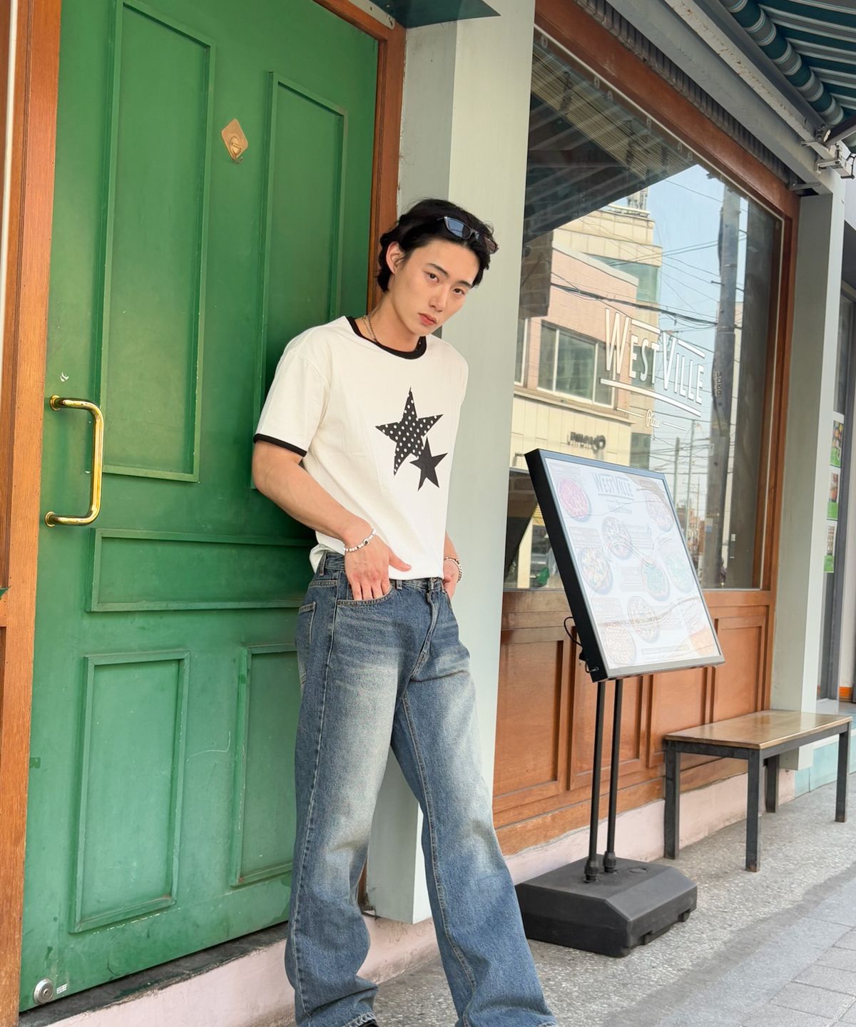 아모우(AMOU) Two Star Ringer T-shirts WHITE
