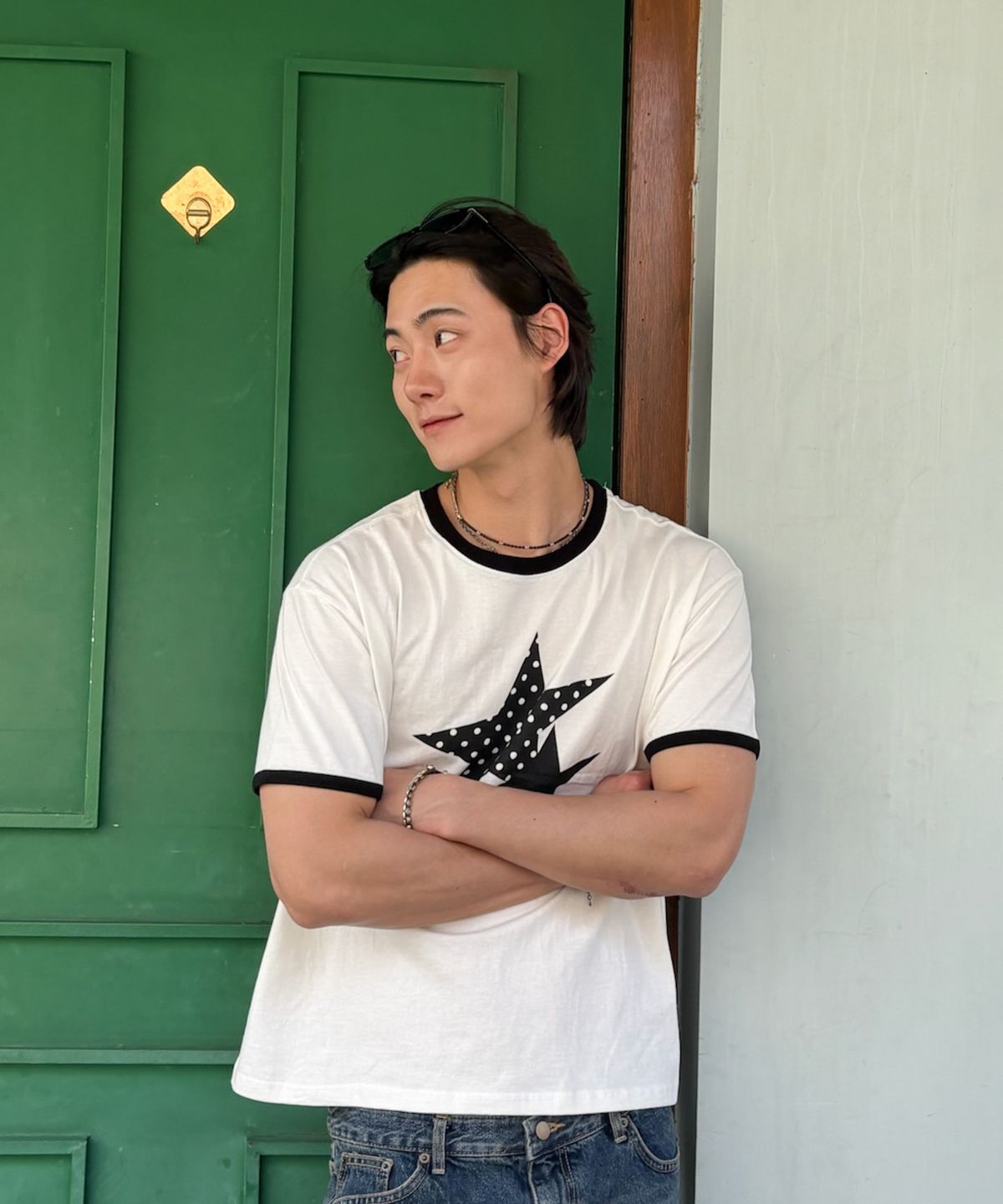 아모우(AMOU) Two Star Ringer T-shirts WHITE
