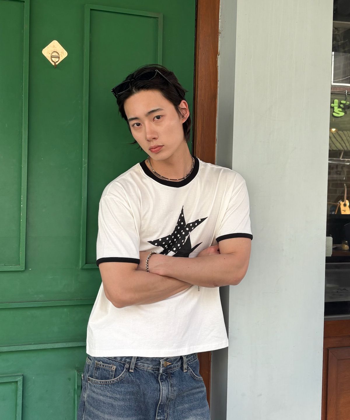아모우(AMOU) Two Star Ringer T-shirts WHITE