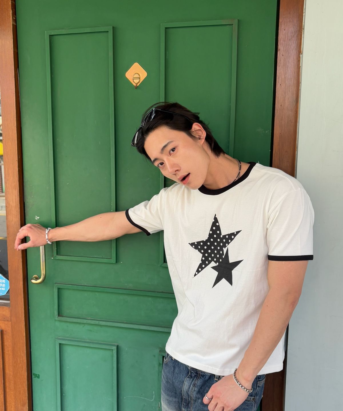 아모우(AMOU) Two Star Ringer T-shirts WHITE
