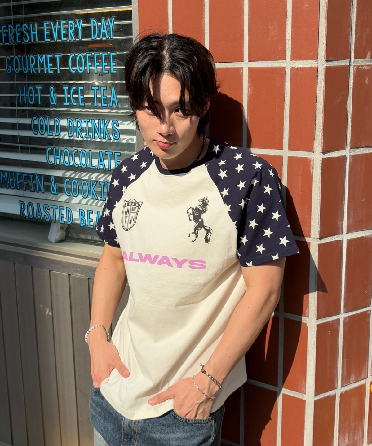 아모우(AMOU) Always Star Reglan T-shirts BLUE