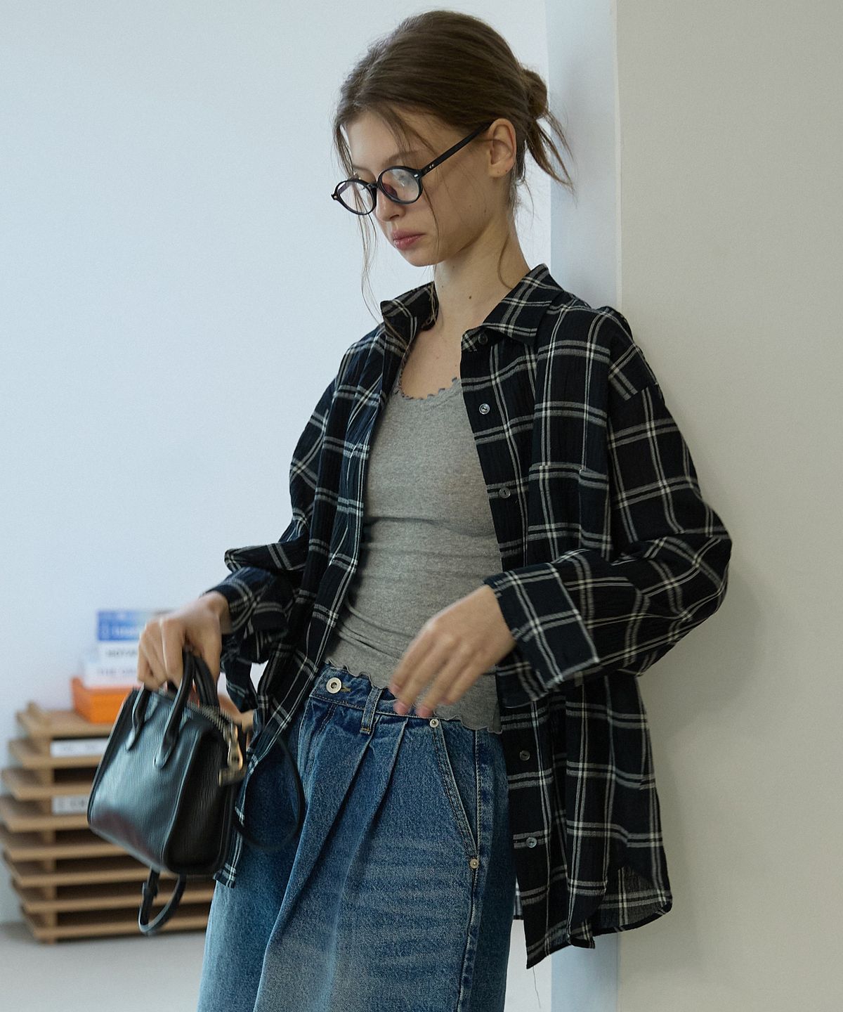 오픈도어스튜디오(OPENDOORSTUDIO) Check seersucker shirt Black