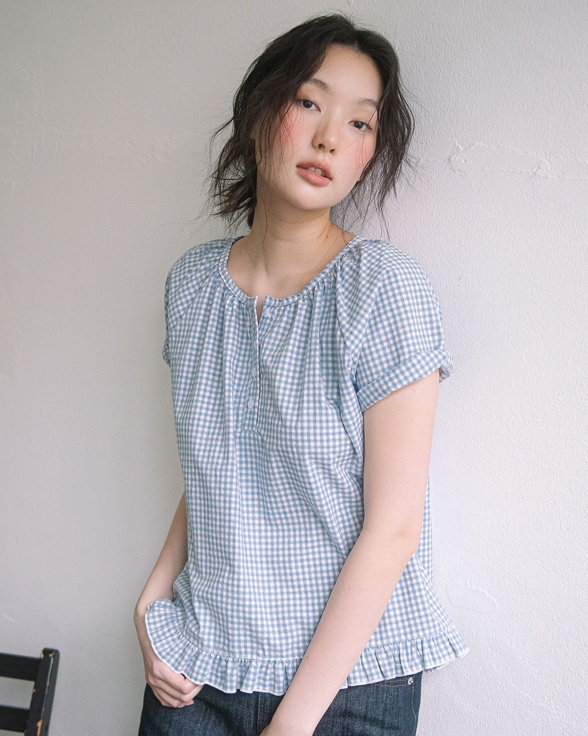 해비즘(HAVISM) CHECK HENLEY NECK BLOUSE(SKY BLUE)