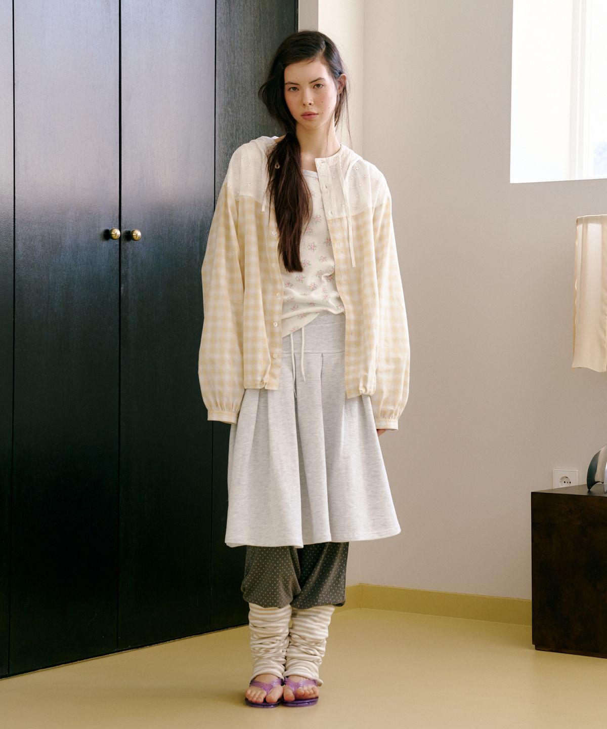 펀프롬펀(FUNFROMFUN) Cottage Check Hoodie, Vanilla