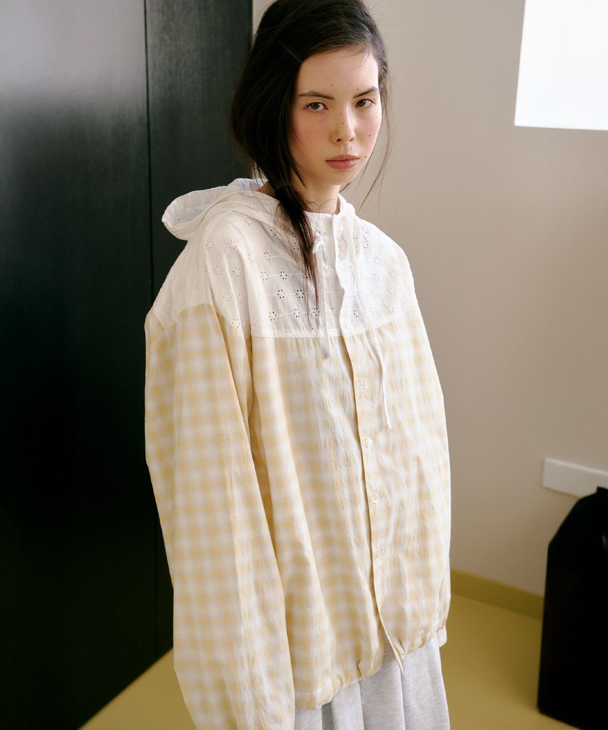 펀프롬펀(FUNFROMFUN) Cottage Check Hoodie, Vanilla