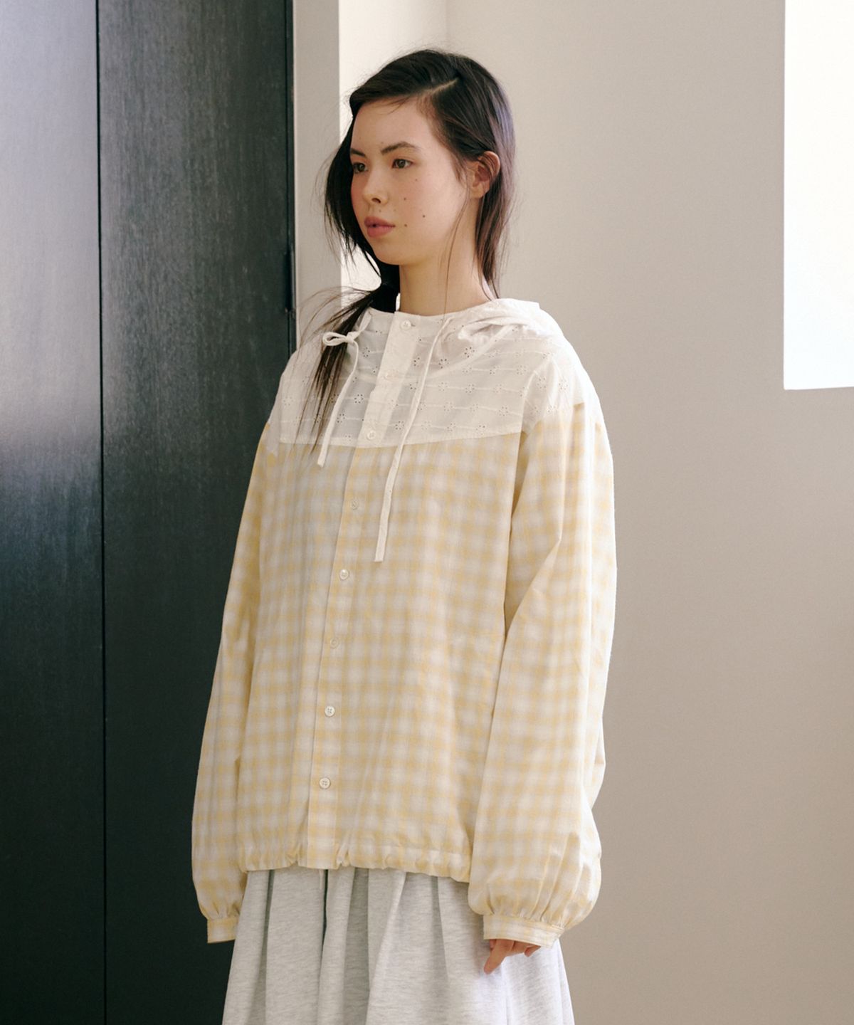 펀프롬펀(FUNFROMFUN) Cottage Check Hoodie, Vanilla