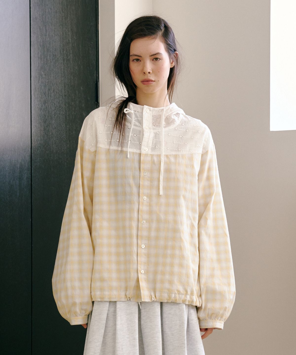 펀프롬펀(FUNFROMFUN) Cottage Check Hoodie, Vanilla