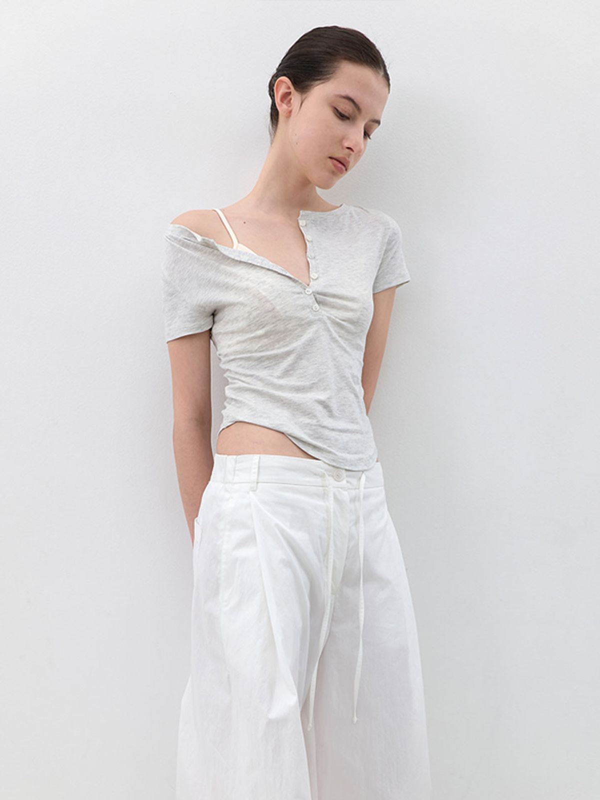 아틀리에 나인(ATELIER NAIN) AN BOATNECK BUTTON UP SLIM HALF T (T-7264)