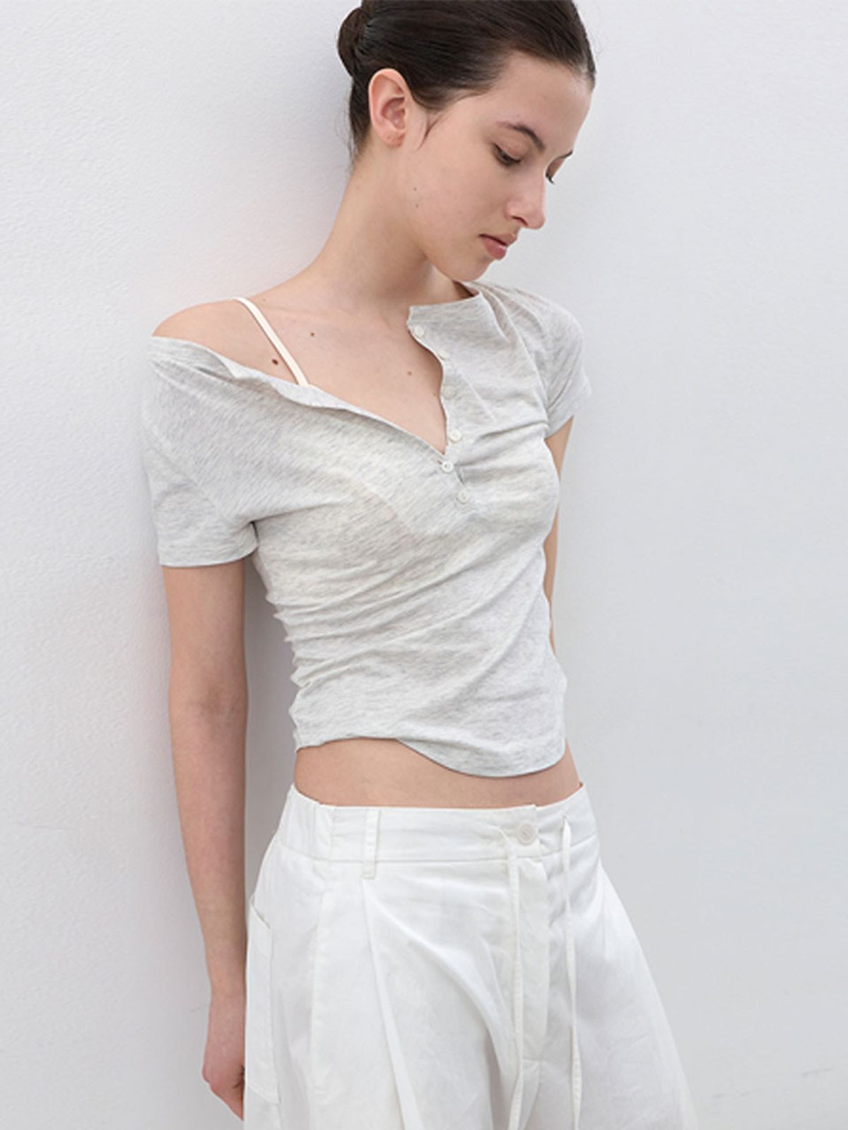 아틀리에 나인(ATELIER NAIN) AN BOATNECK BUTTON UP SLIM HALF T (T-7264)
