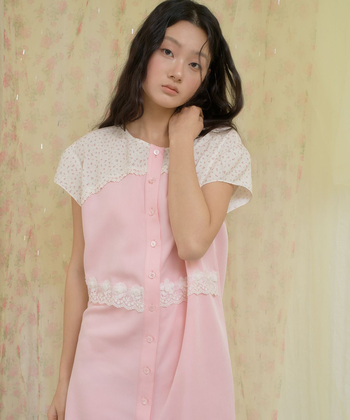 센뉴(SENUE) Flower Lace Cake Shirt Dress (PINK)