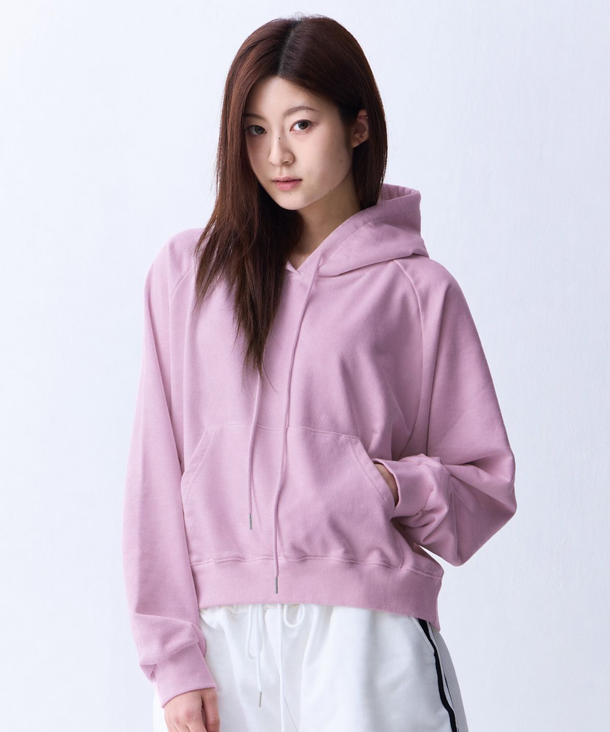 크러쉬 스타일(CRUSHST) 슬림라인 크롭 스웻 나그랑 후디 핑크
