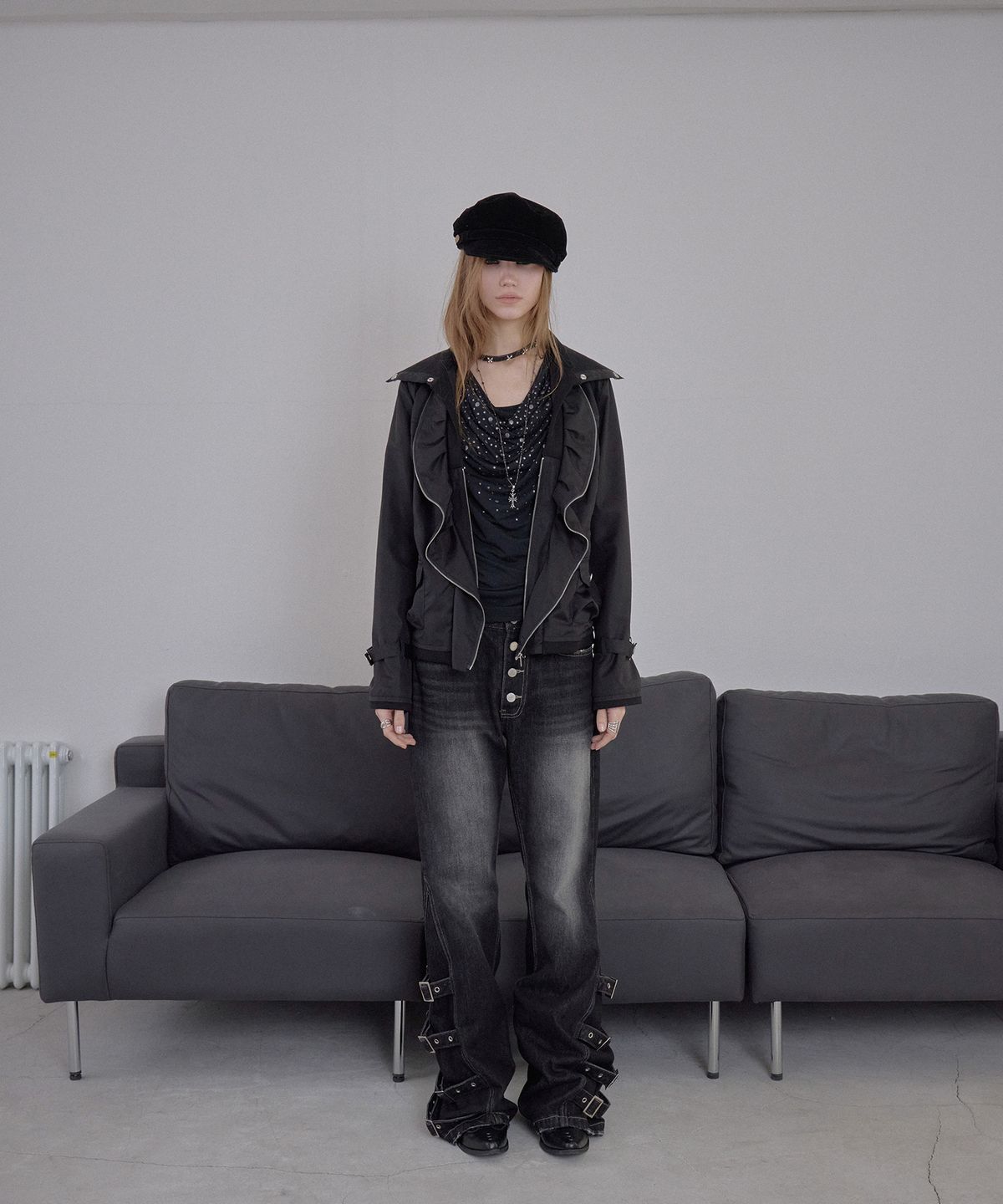 애시메트리(ASYMMETRY) GATHERED ZIP LAYER JACKET / BLACK