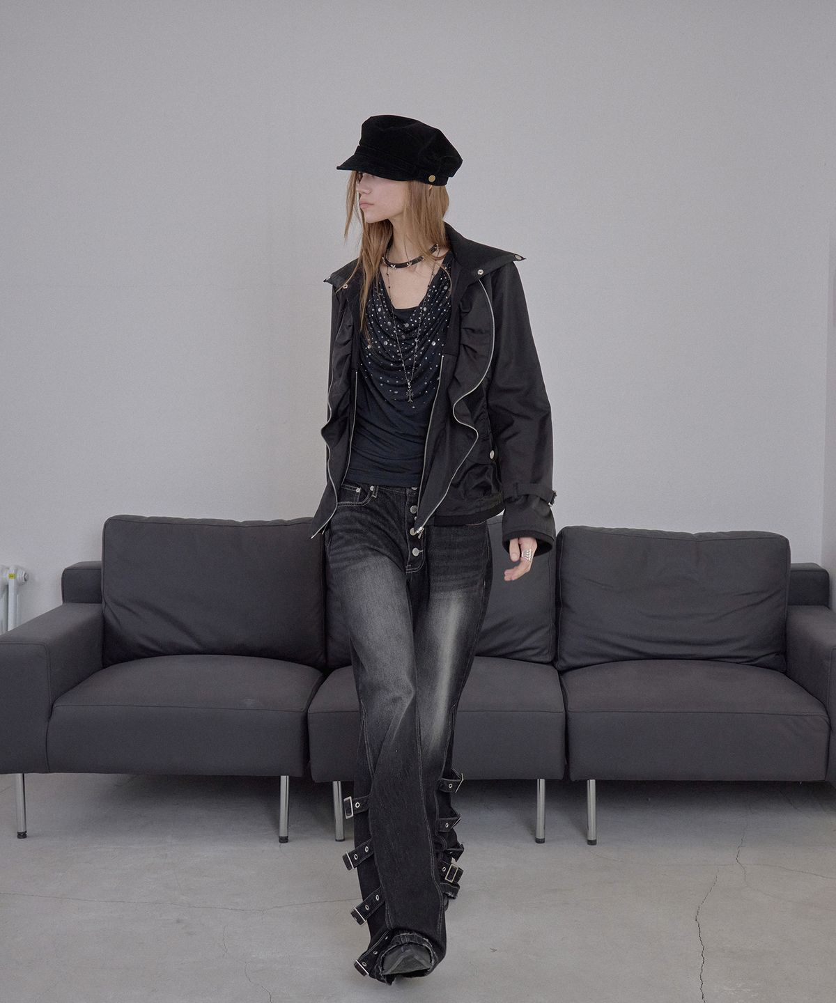 애시메트리(ASYMMETRY) GATHERED ZIP LAYER JACKET / BLACK