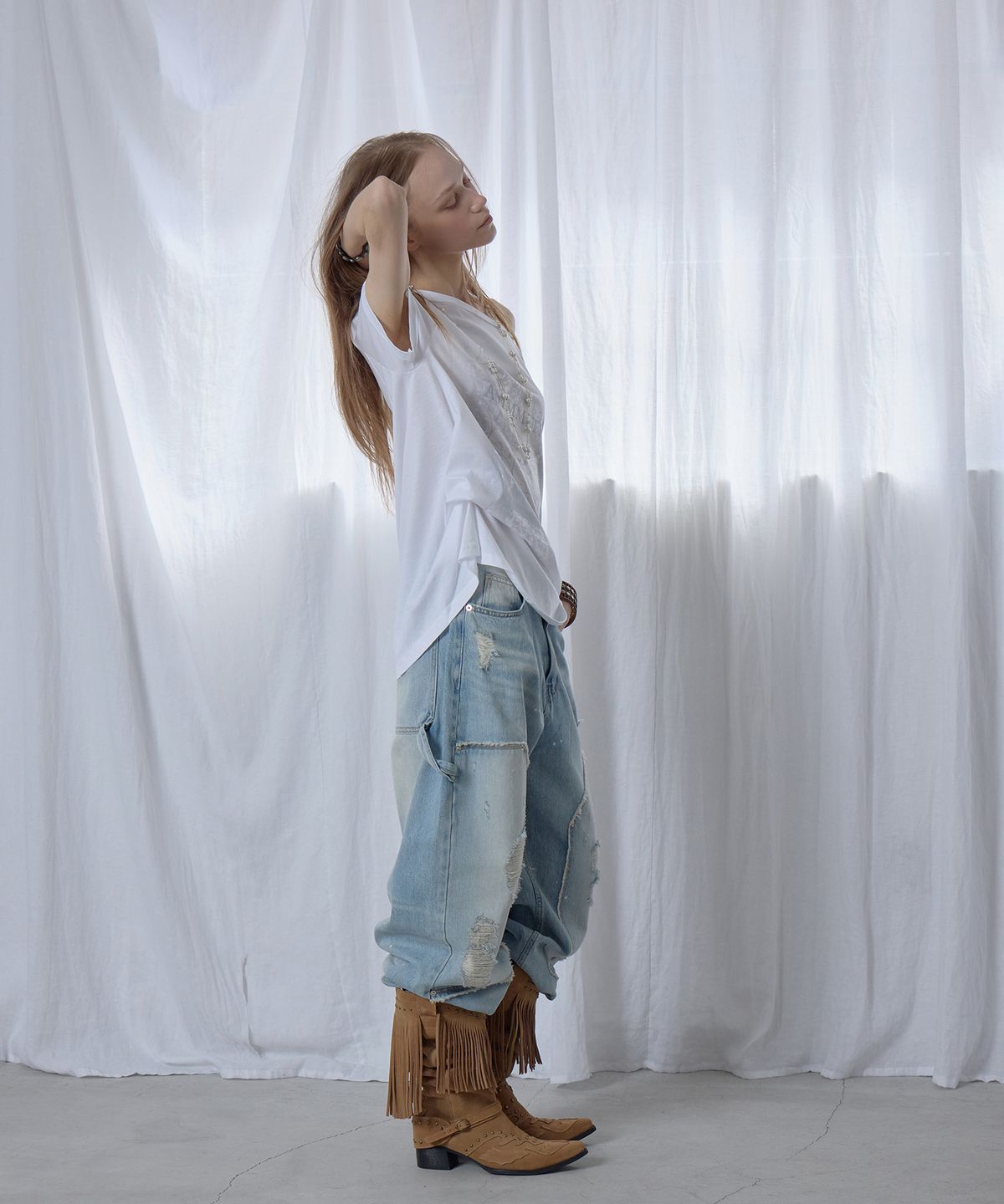 애시메트리(ASYMMETRY) DISTRESSED PANEL JEANS / LIGHT BLUE