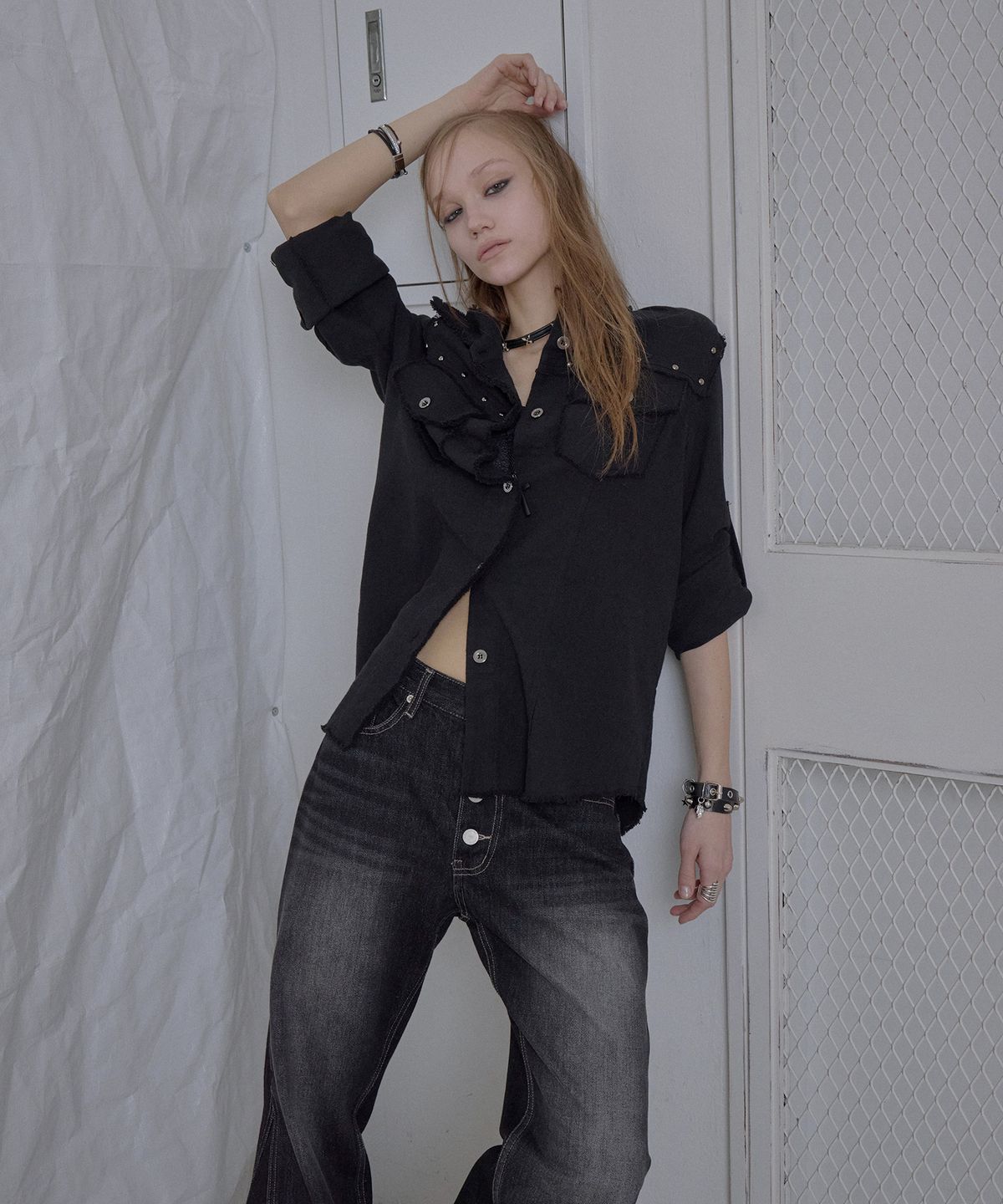 애시메트리(ASYMMETRY) WESTERN FRINGE SHIRTS / BLACK