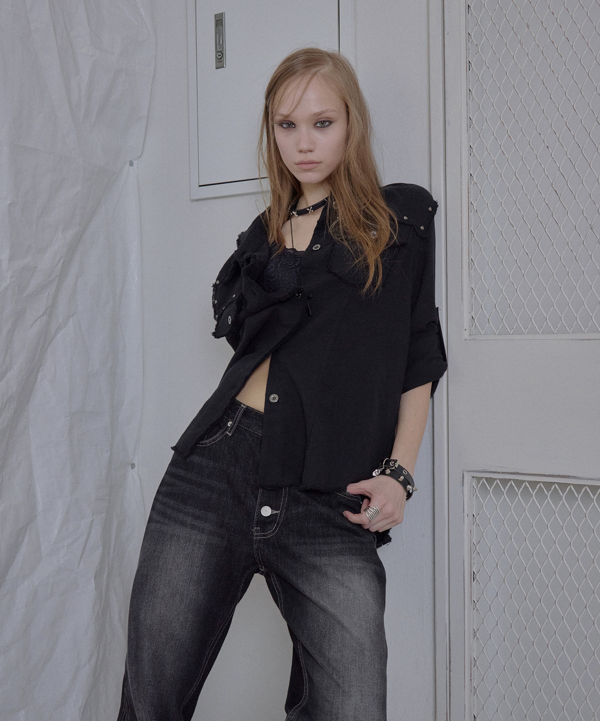 애시메트리(ASYMMETRY) WESTERN FRINGE SHIRTS / BLACK